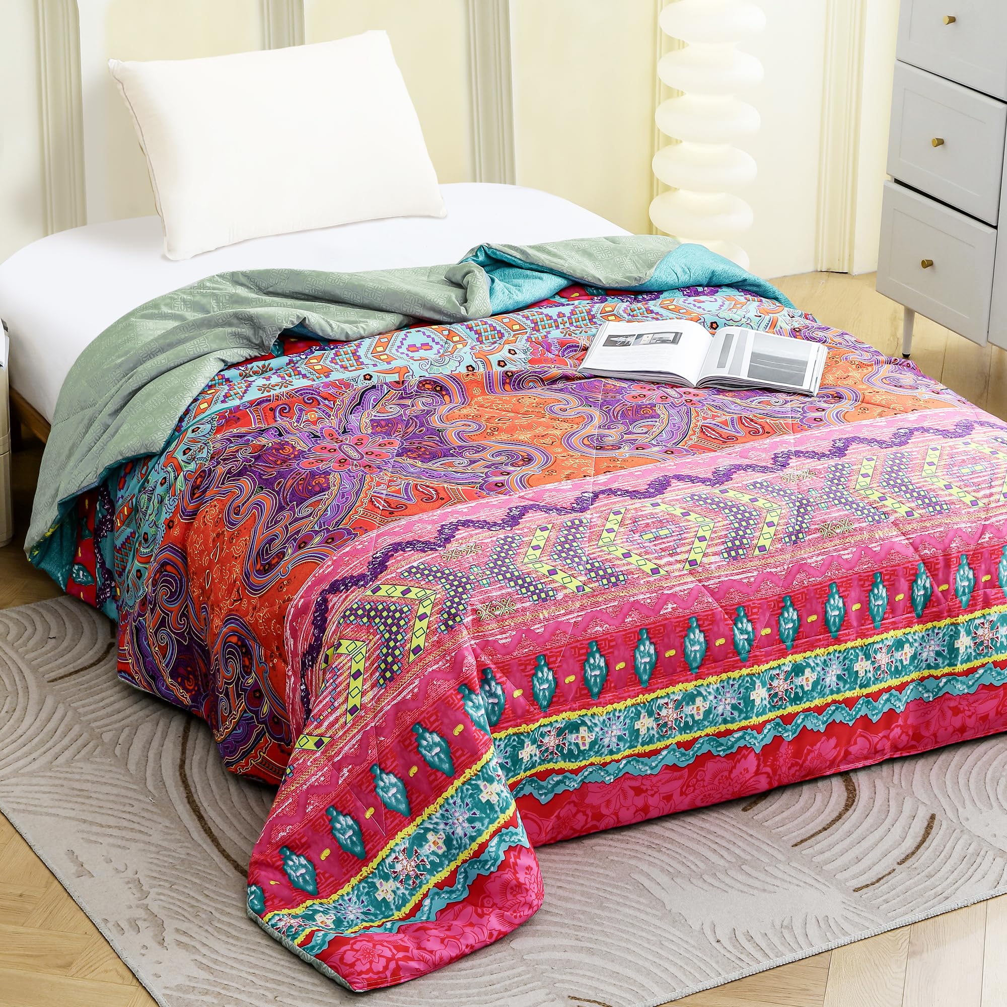Story@Home Comforter Single Bed Boho with Satin Finish 240 GSM - Monsoon Reversible Microfibre AC Comforter - Purple & Orange, Motif Comforter Quilt Duvet Dohar Blanket for Mild Winter 150 X225cm-image-23