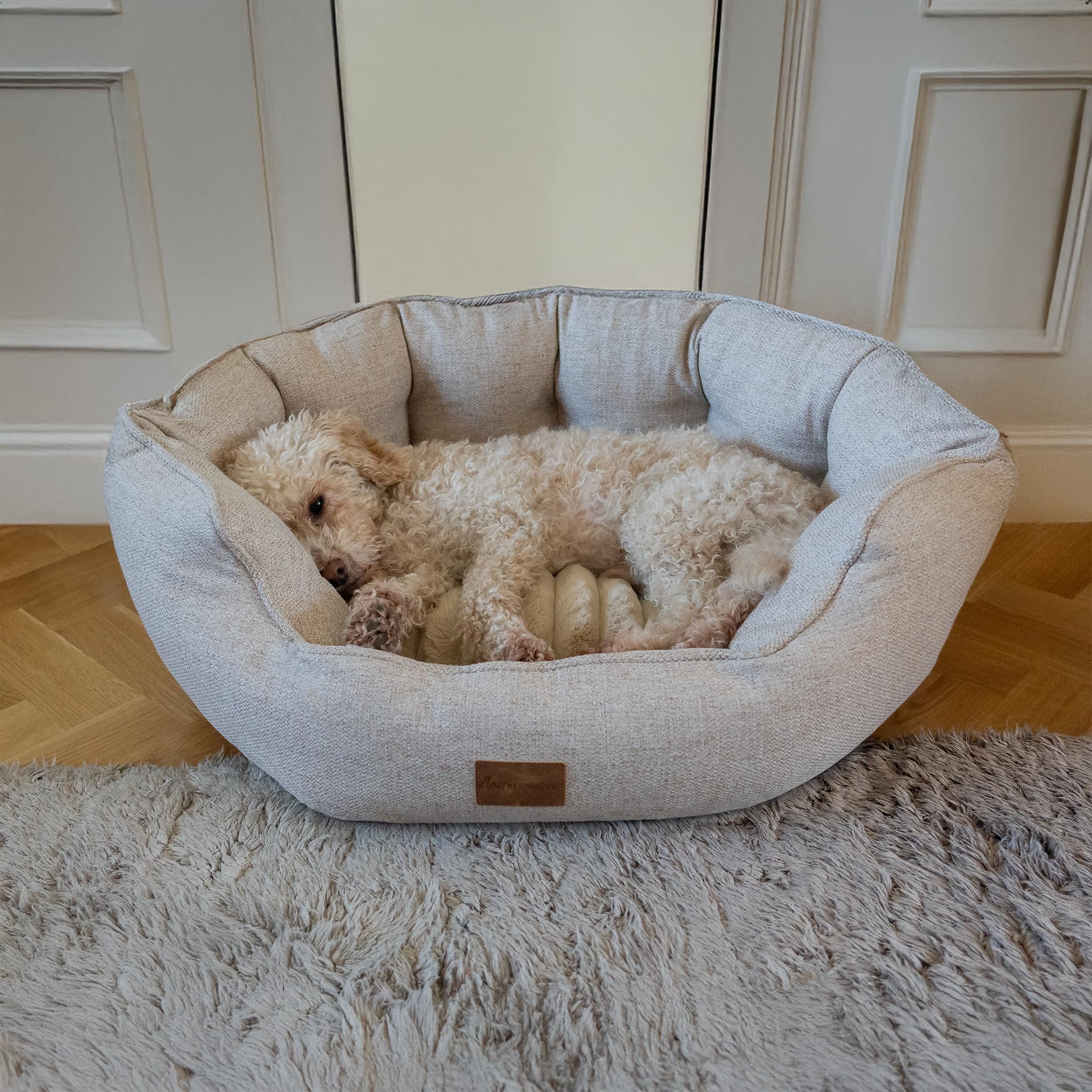 allpetsolutions Alfie Premium Luxury Range Dog Bed - Warm, Fleece-Lined Machine Washable Dog Bed with Raised Rim - Extra Soft Reversible, Removable Pillow Cushion - Small, Cream