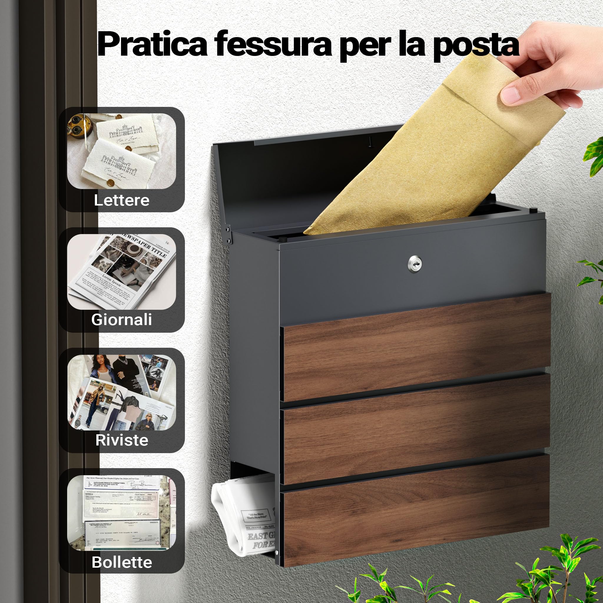 Cassetta postale con porta giornale, antracite e legno V63 montaggio a parete
