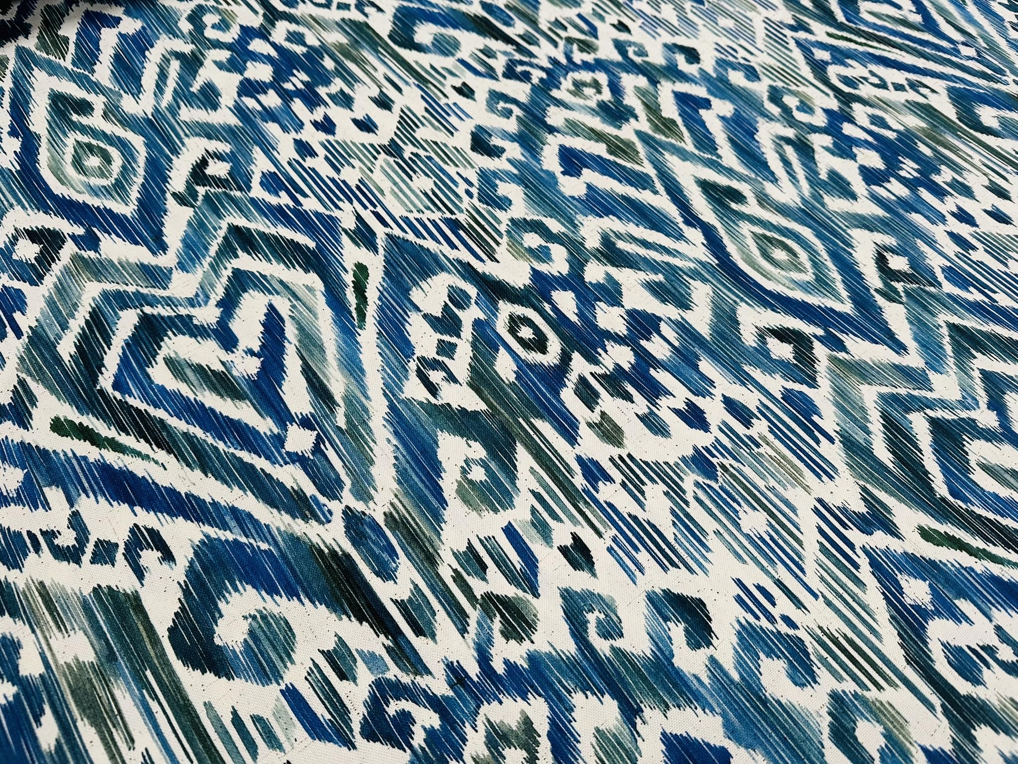 Niebieski i zielony Ikat kwiatowy wachlarz adamaszek kwiat tkanina geometryczny paisley materiał bawełniany zasłony poduszki tapicerka wystrój domu - 280 cm bardzo szeroki - sprzedawany na metry