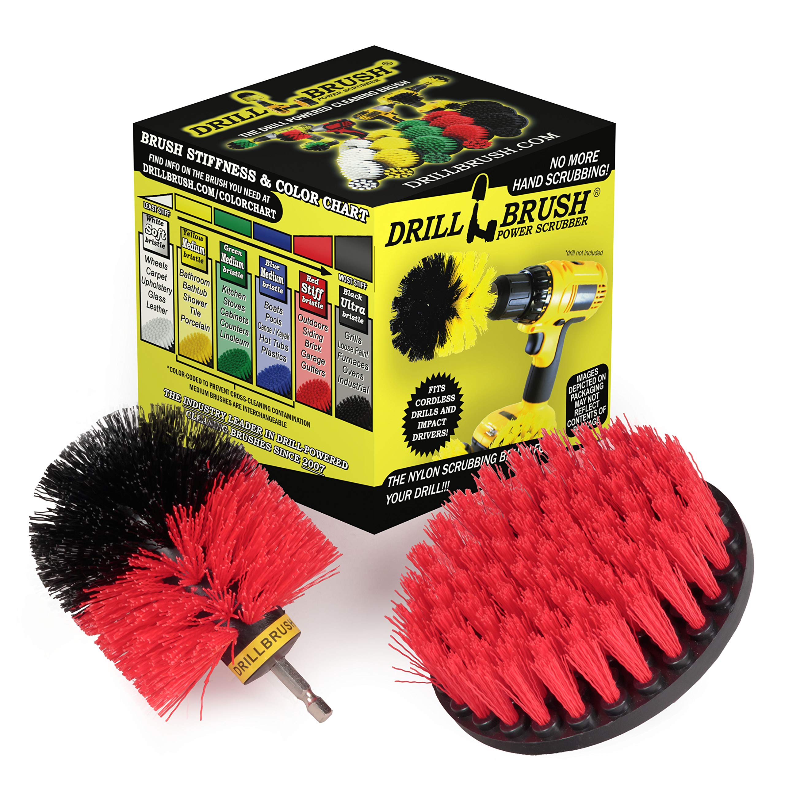 Drill Brush - Outdoor - Cleaning Supplies - Spin Brush - Red Stiff Bristle Scrubber Set - Farm - Horse - Barn - Water Trough - Feed Buckets - Concrete Pools - Concrete - Rubber Mat - Fountain - Brick