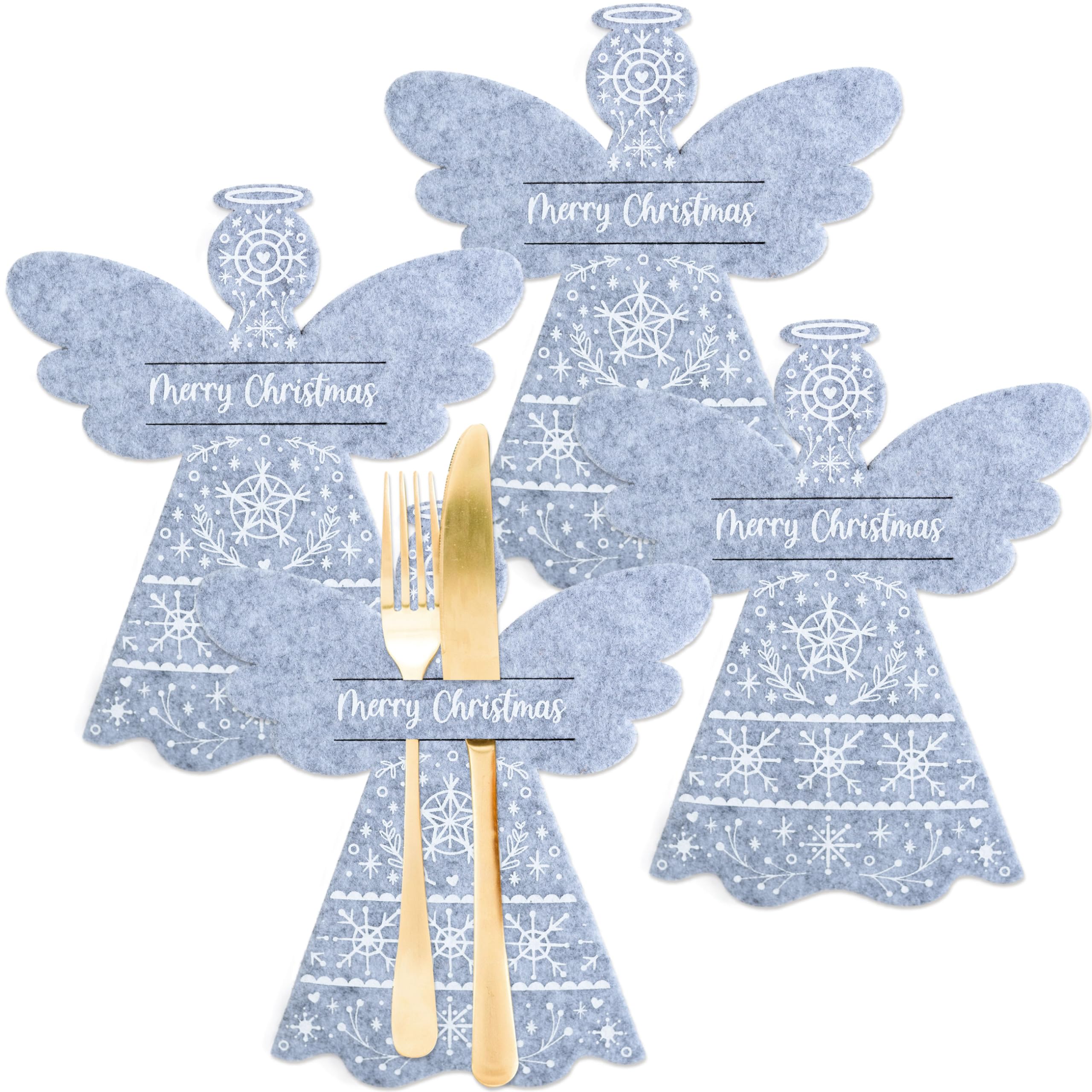Papierdrachen Set 4 Portaposate In Feltro Natale Motivo Angelo - Grigio 20x17 Cm - Decorazione Tavola Natalizia