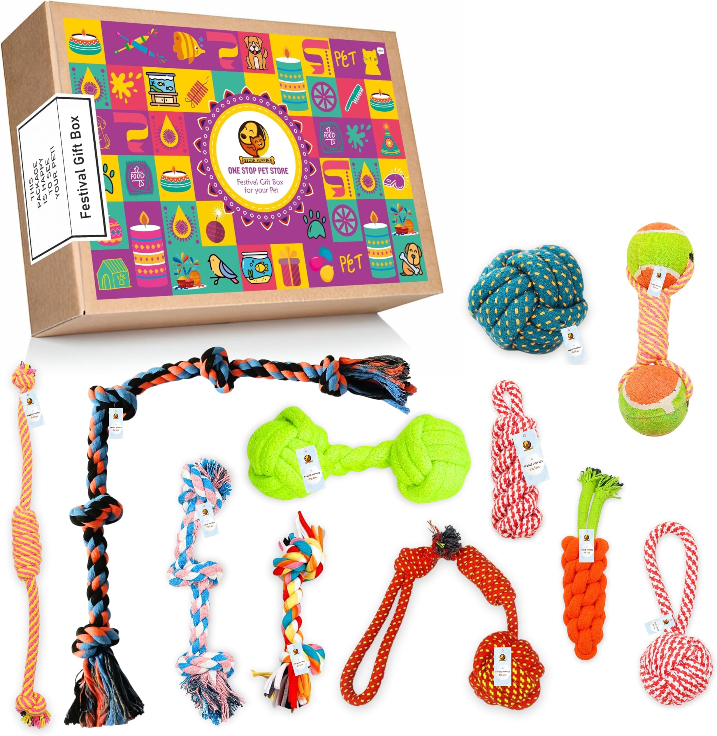 Foodie Puppies Dog Chew Rope Kit 11 Ropes for Small to Medium Dog (2knot + 3Knot + Half Round + Dumbell + Tennis + Carrot + Corn + Cotton Ball + Slipper + Handle + Twisted Rope)