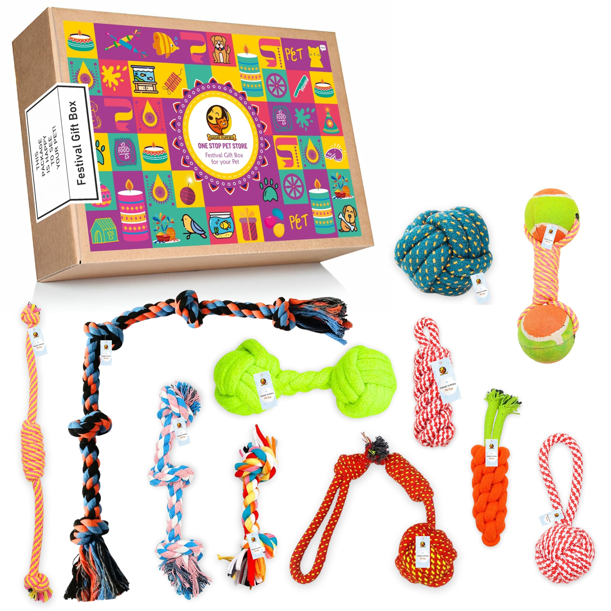 Foodie Puppies Dog Chew Rope Kit 11 Ropes for Small to Medium Dog (2knot + 3Knot + Half Round + Dumbell + Tennis + Carrot + Corn + Cotton Ball + Slipper + Handle + Twisted Rope)