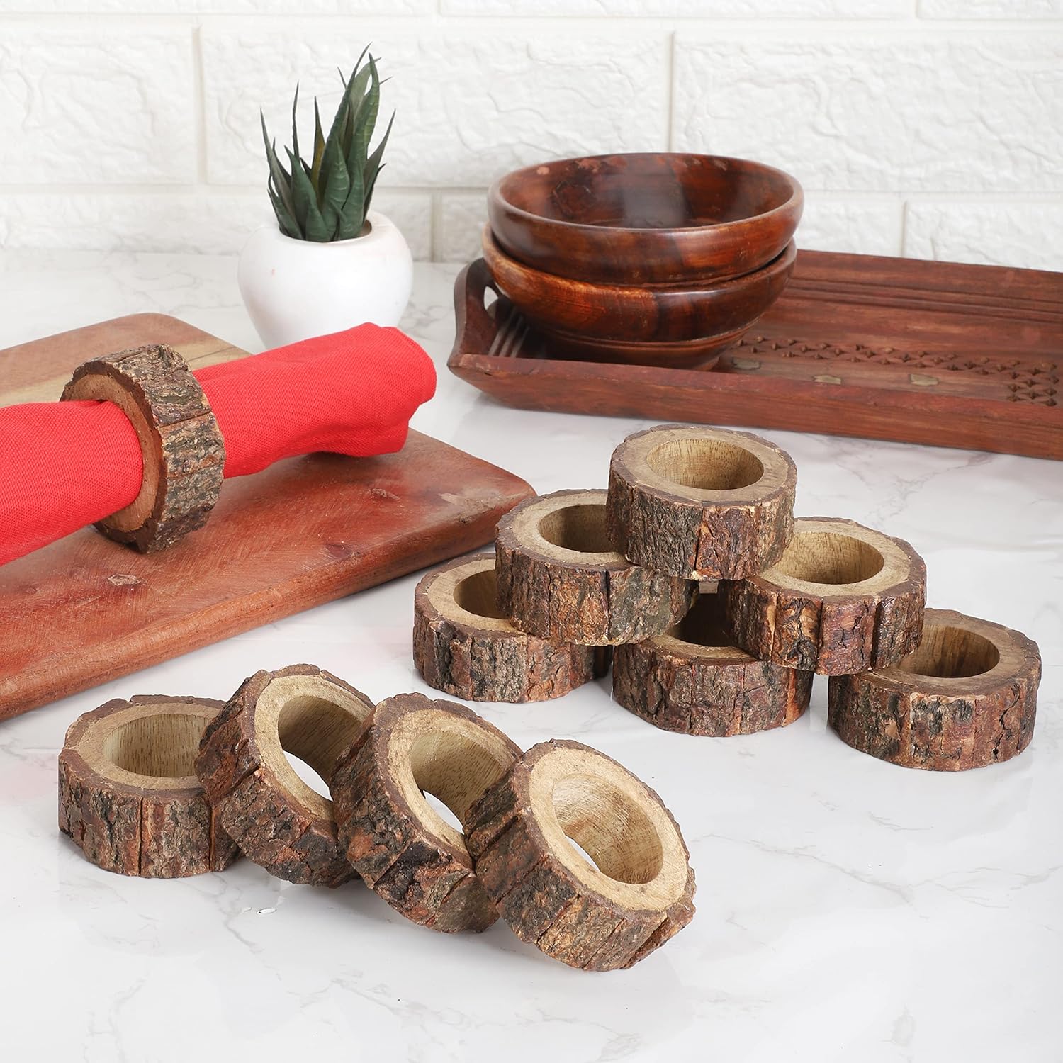 Ajuny Wooden Napkin Rings Set of 12 Handmade Bark Edge Table Decor 1.5 Inch