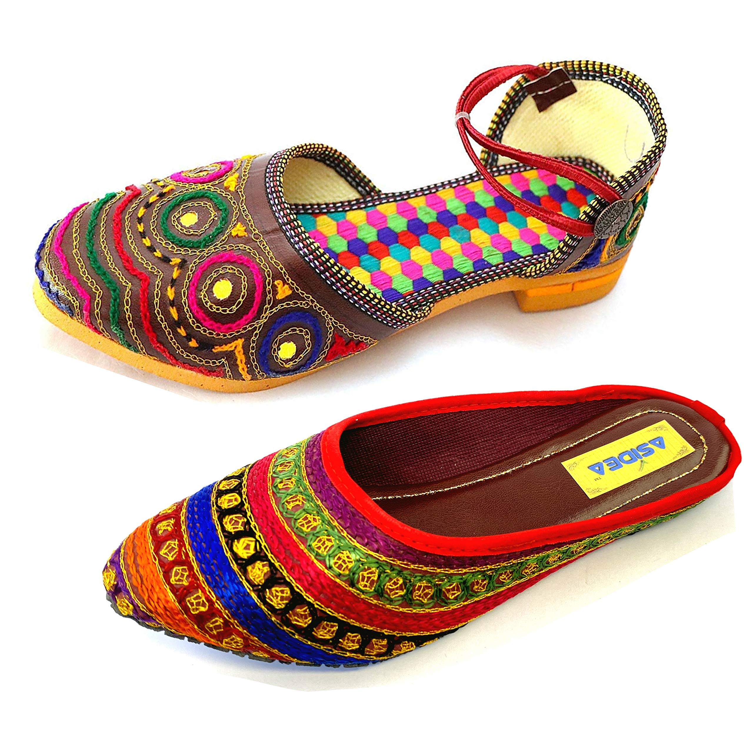 ASIDEACombo of Jaipuri Silk Mojari and Multicolor Slipper for Women | Rajasthani Juti for Women and Girls Set of 2