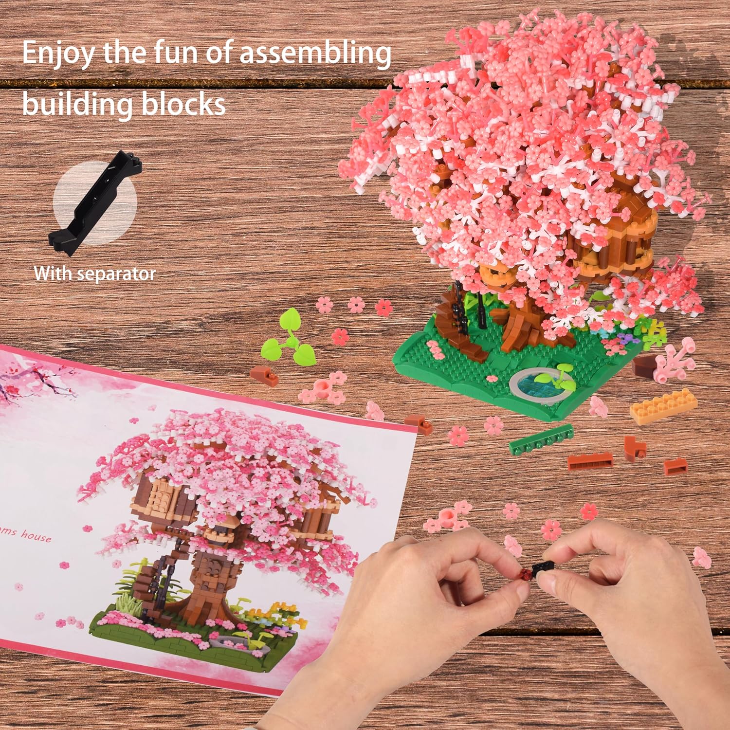 Hands assembling micro building blocks with separator tool