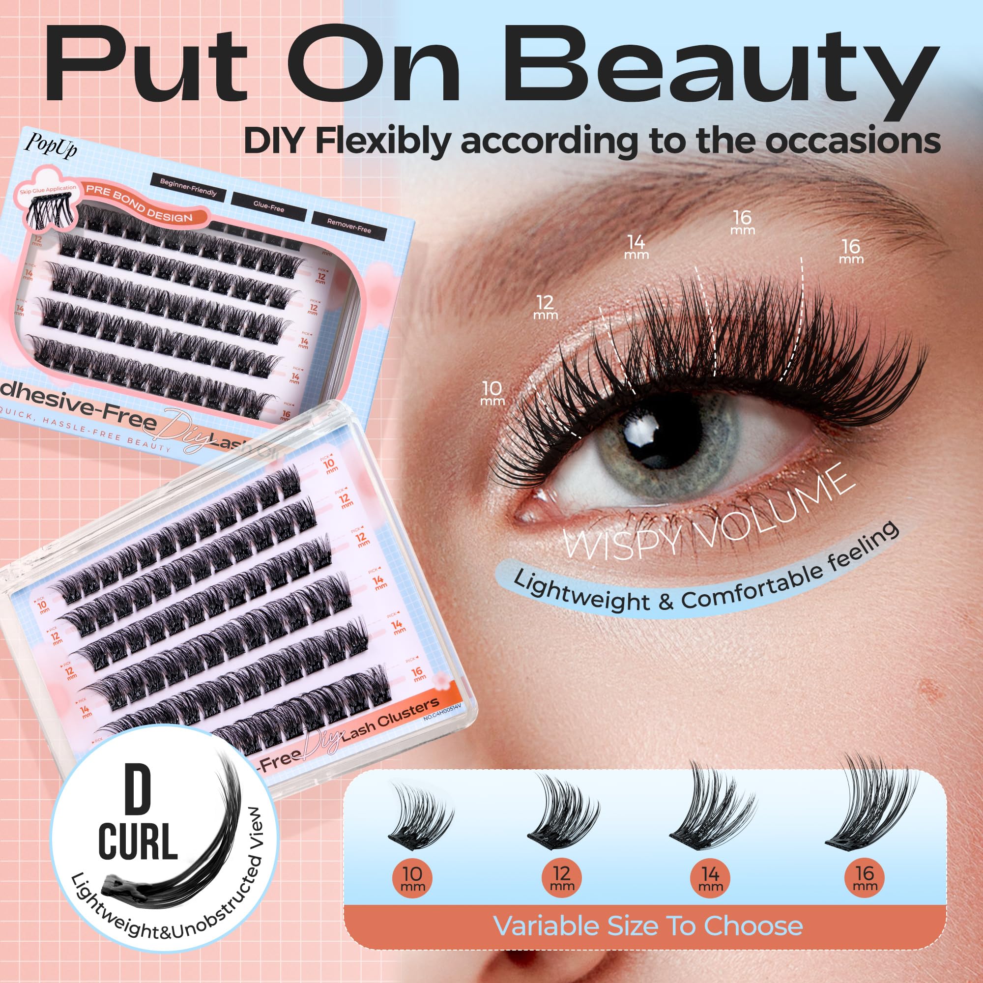 POPUP Self Adhesive Eyelashes 72Pcs D Curl Self Adhesive Lash Clusters Press on Lashes No Glue and Remover Needed Reusable Wispy Pre Glued Eyelashes with Tweezers for Beginners (ZN23)