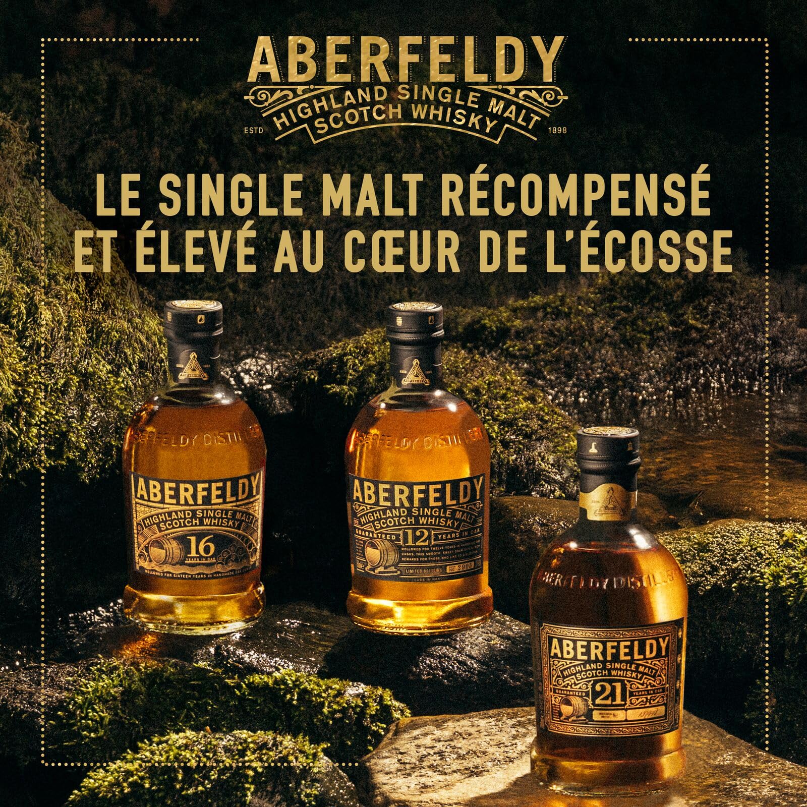Coffret Cadeau Doré Aberfeldy 12 Year Old Single Malt Scotch Whisky, 40 % vol., 70 cl / 700 ml, Whisky premium vieilli dans quatre types de fûts