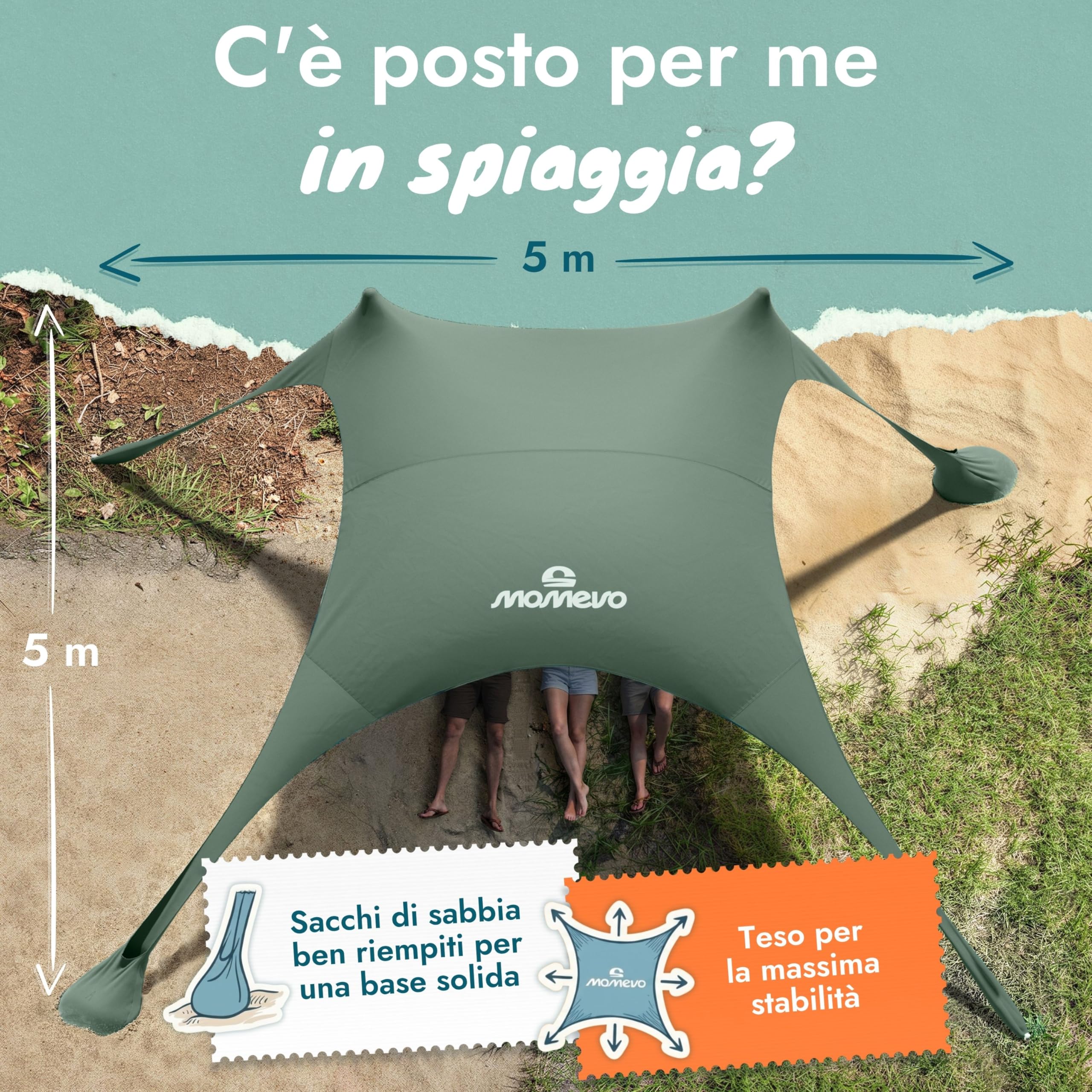 Tenda da spiaggia Sunsail – Telo ombreggiante da spiaggia con protezione UV UPF 50+, resistente al vento e leggera, tenda da spiaggia di nuova generazione (2 pali, Oliva)