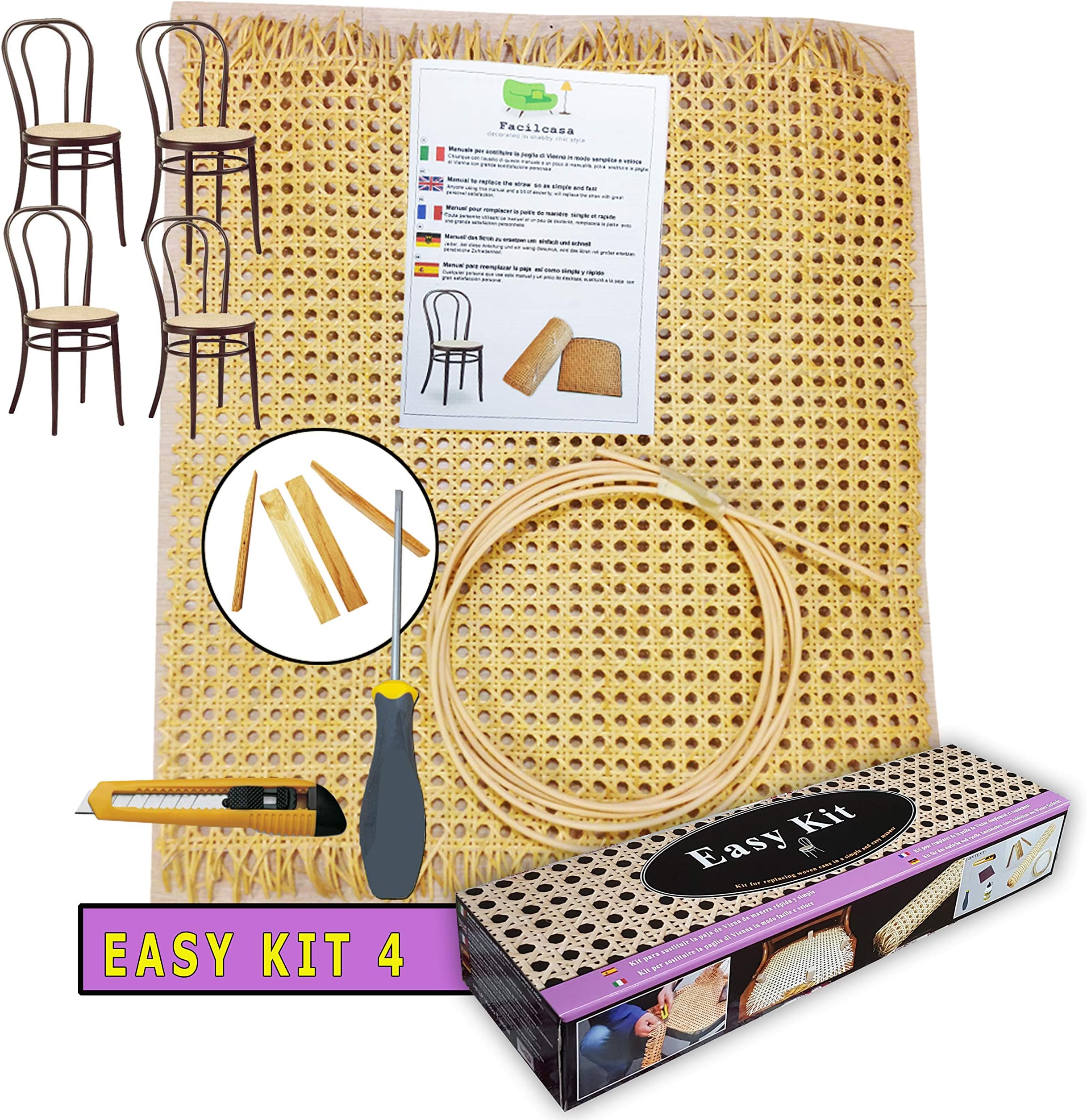 Chair Caning Supplies - Easy KIT - 71" X 18" Cane Webbing Mesh, 26' of #8 Spline, 4 Wood Wedges, Caning Chisel - 5/16" Wide, Tool to Cut, Sandpaper, 5 Languages Guide | Repair Kit for 4 Seats