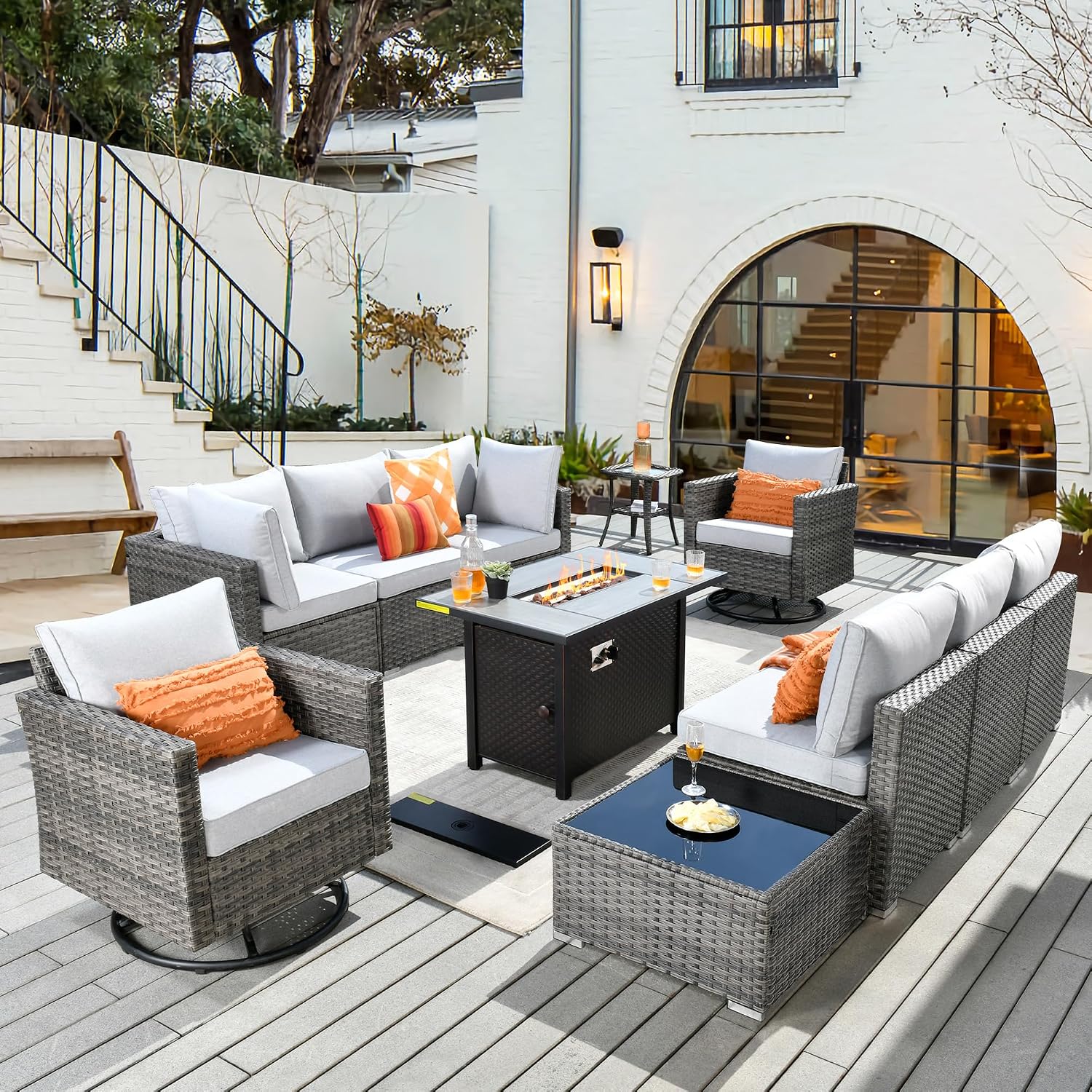 CAODOC 11 Piece Outdoor Patio Furniture Set with 53" Fire Pit Table, Wicker Sectional Conversation Set Whit Swivel Chairs,Modern Outside Sofa for Balcony Backyard(Black)