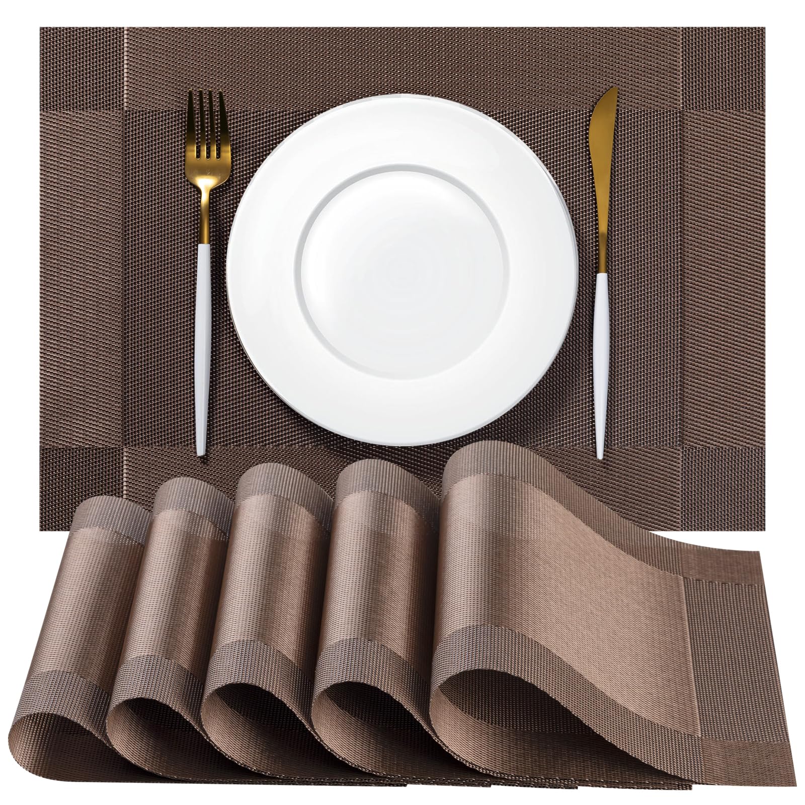 Placemats Set of 12 - Easy Clean Woven Vinyl Placemats for Dining Table, Indoor/Outdoor Place Mats, Washable PVC Table Mats（Brown Cube） — image 1