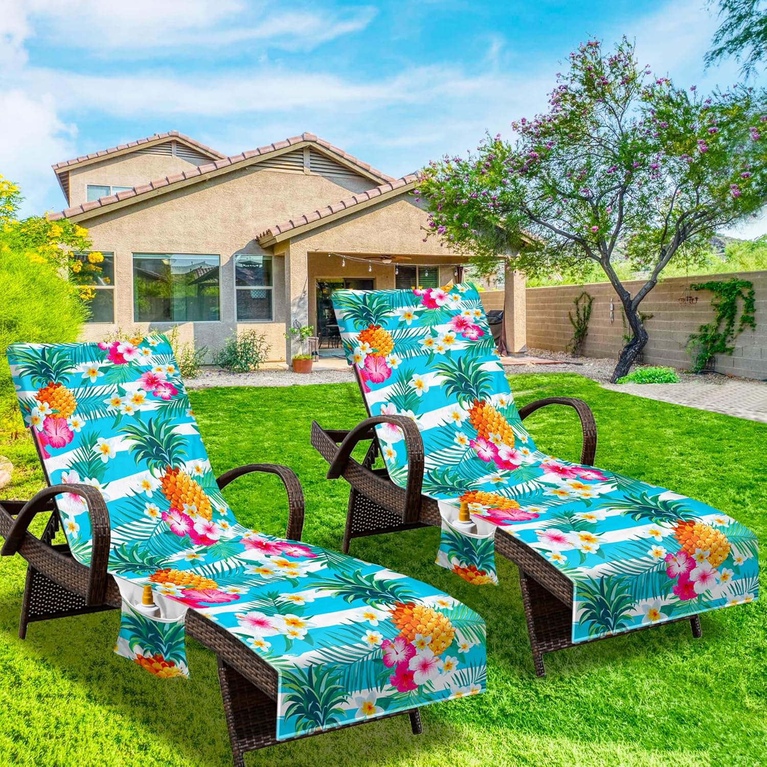 Lounge Chair Towel Cover, Beach Chair Cover (Pack of 2), Pool Lounge Chair Covers for Outdoor,Garden, Beach,Sun Lounger,Hotel Pool,Large Size and No Sliding, 85" X 30", Pineapple