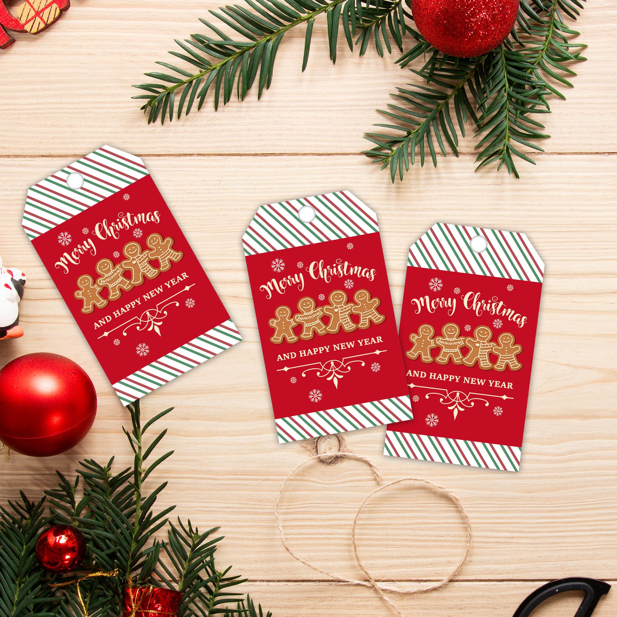 Rote Weihnachts-Geschenk-Etiketten mit Schnur, 5,1 x 8,9 cm, Lebkuchenmann-Geschenkanhänger, 50 Stück Weihnachts-Schneeflocken-Papieranhänger, Urlaubsverpackung, Partyzubehör, rot-grün gestreift - C02