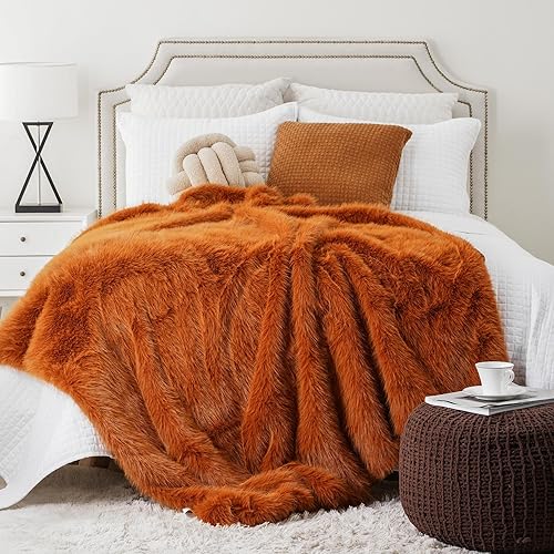 Miniatura 3 de BATTILO HOME Manta de lujo de piel sintética de otoño, manta de piel naranja óxido para sofá, silla, cama, felpa suave, cálida y acogedora manta de