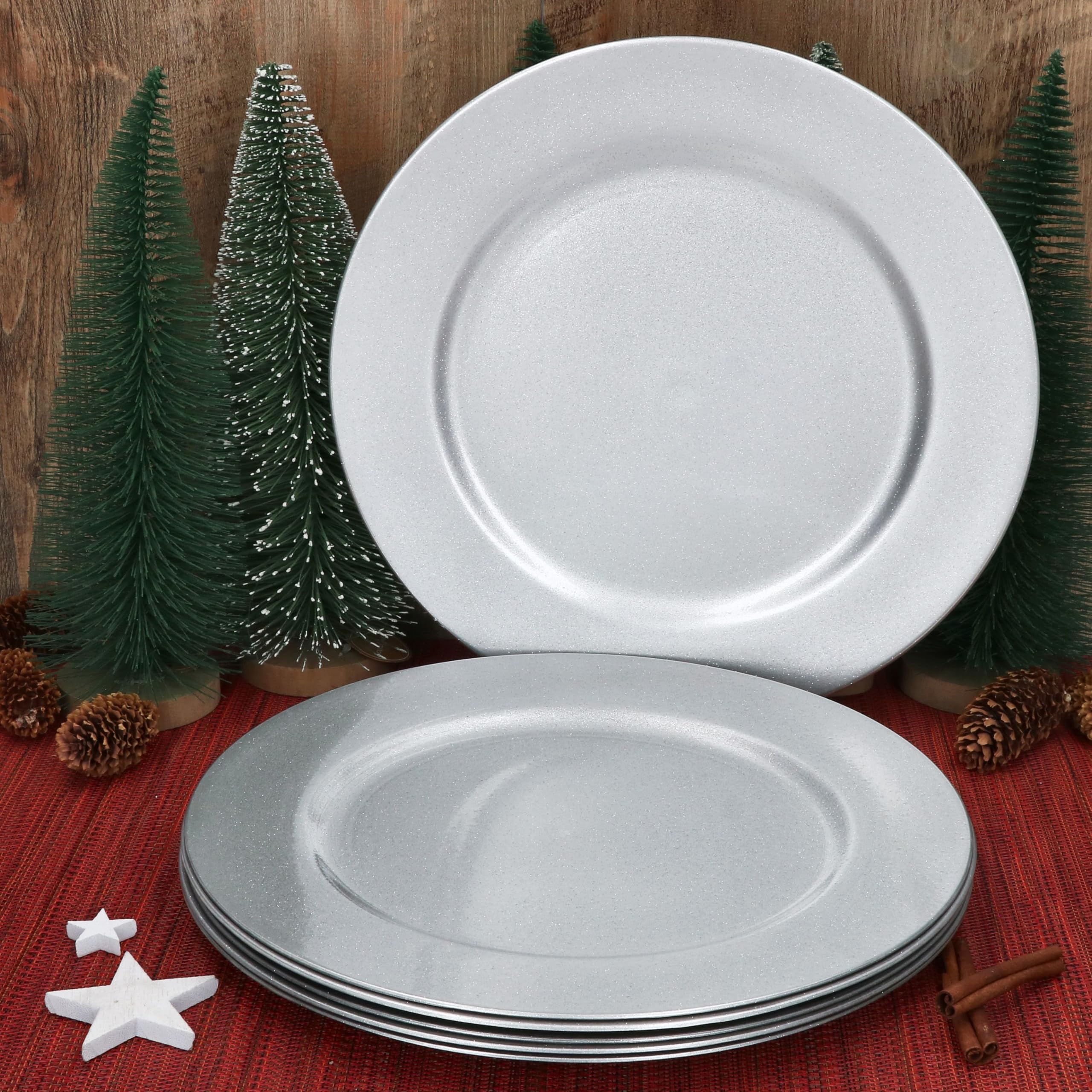 MamboCat Lot de 6 assiettes de présentation argentées à paillettes I Ø 33 cm I Assiettes décoratives légères en plastique I Set de table pour 6 personnes I pour Noël, mariages et autres