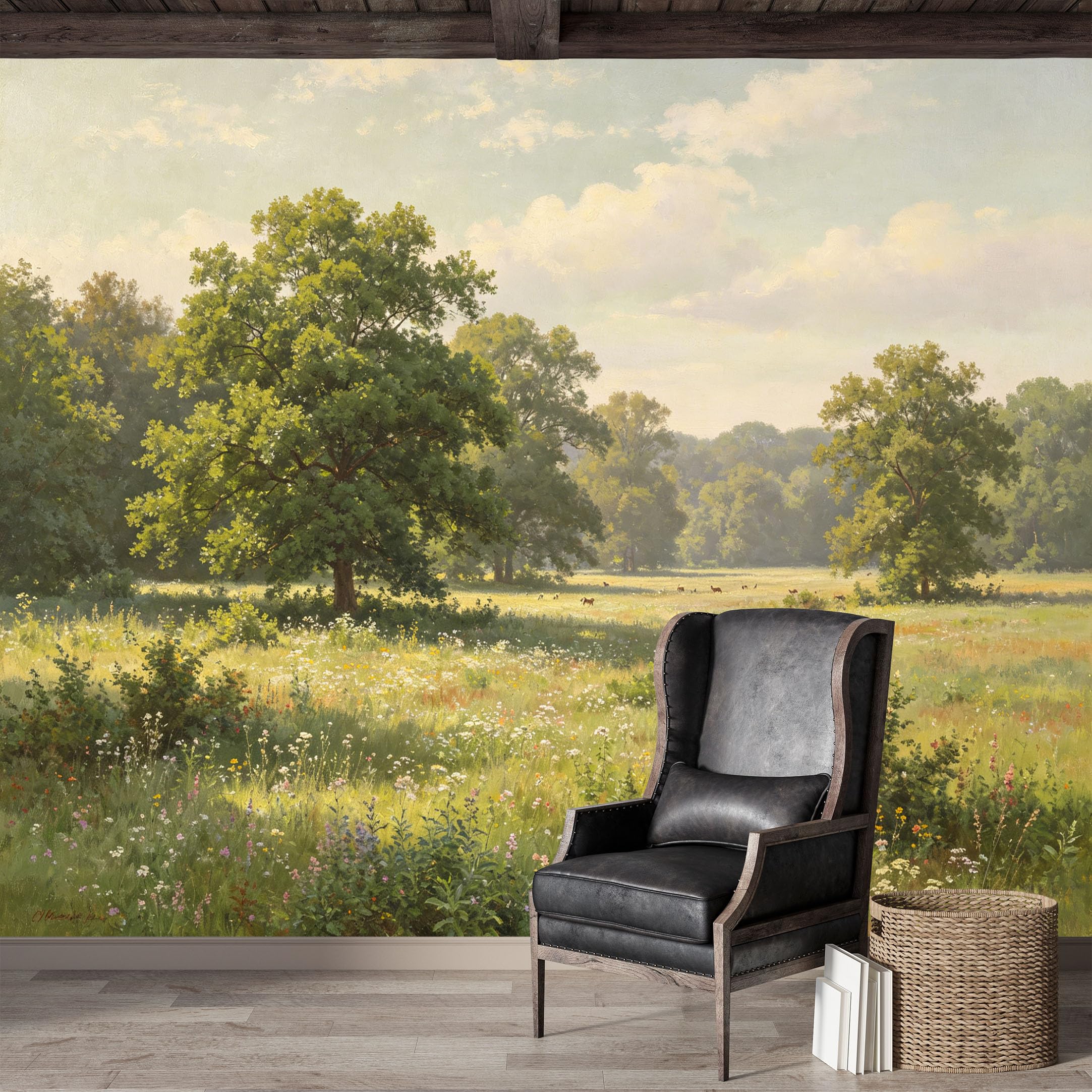 Custom Size Wall Mural,Pastoral Landscape Wildflower Meadow Oil Painting Premium Water Activated SelfAdhesive Wallpaper,Removable Wall Covering for Indoor Home Decor