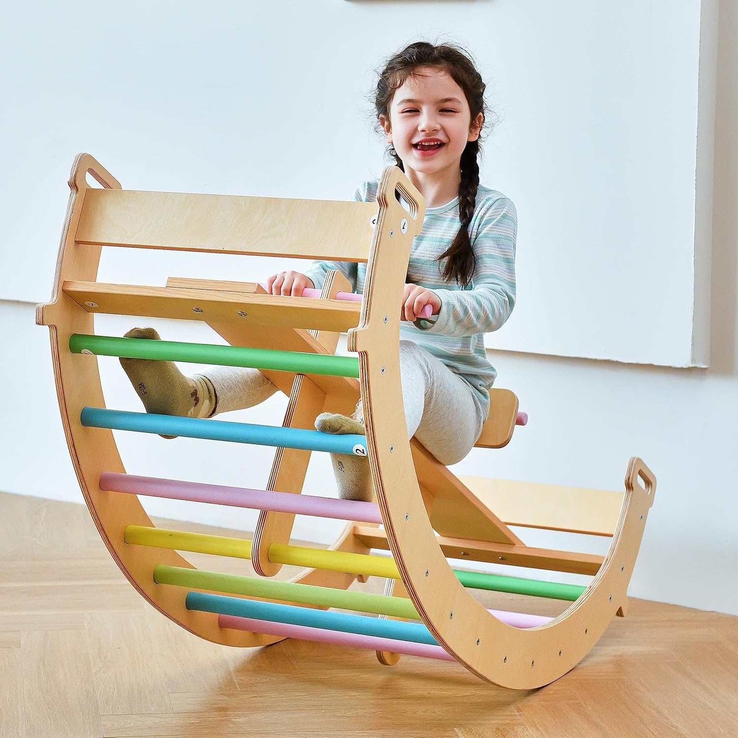Avenlur Bailis Ultimate 3-in-1 Playset for Kids - Seesaw, Climbing Arch and Rocker - Waldorf and Montessori Climbing Toy for Children 2-6 Years - Toddler Climbing Toys (Colored)