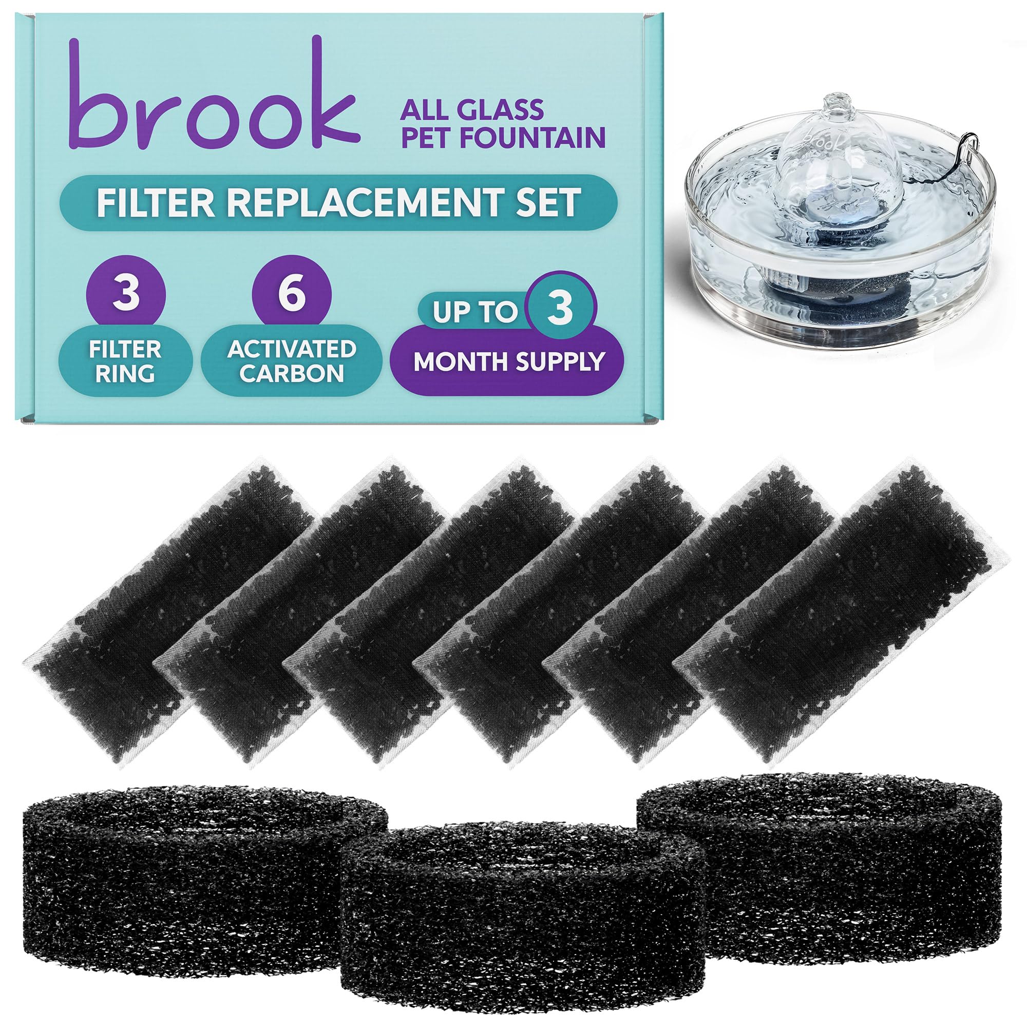 BROOK Glass Pet Fountain Filter Replacement Set – 3 Filter Rings & 6 Activated Carbon Pouches – 3 Month Supply Replacement Filters Set for BROOK Cat Fountain