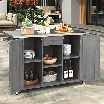 Outdoor Kitchen Island with Stainless Steel Top, Fir Wood Grill Cart with Foldable Countertop, Movable Prep Table with Lockable Wheels & Storage for BBQ Backyard, Patio, Grey