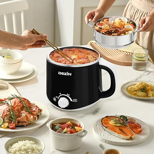 Miniatura 3 de Dezin Olla eléctrica con vaporizador, olla rápida de fideos, olla eléctrica de acero inoxidable de 1.6 litros, perfecta para ramen, huevo,
