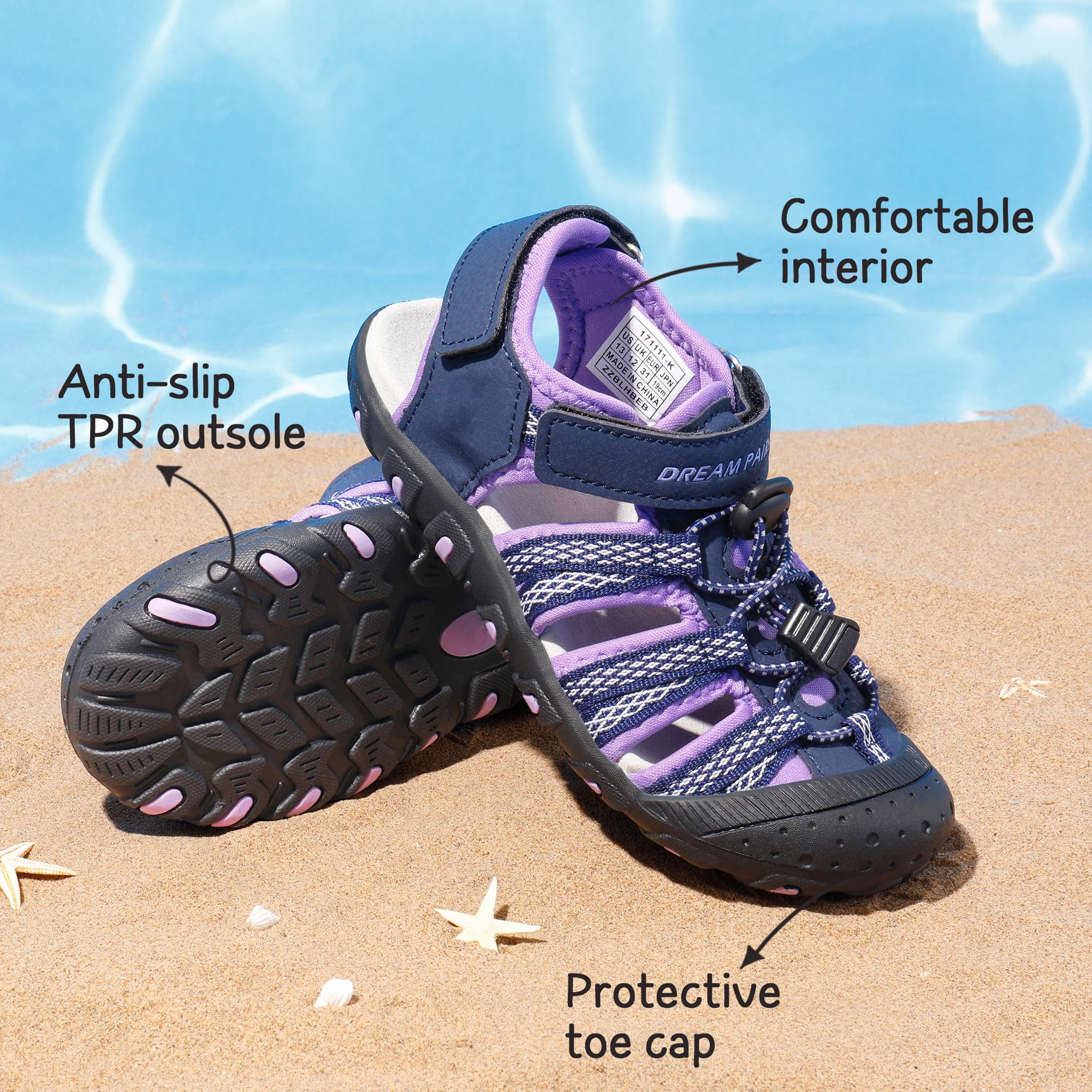 DREAM PAIRS Chłopcy dziewczęta japonki outdoorowe letnie sportowe sandały, - Fioletowy - 32 EU
