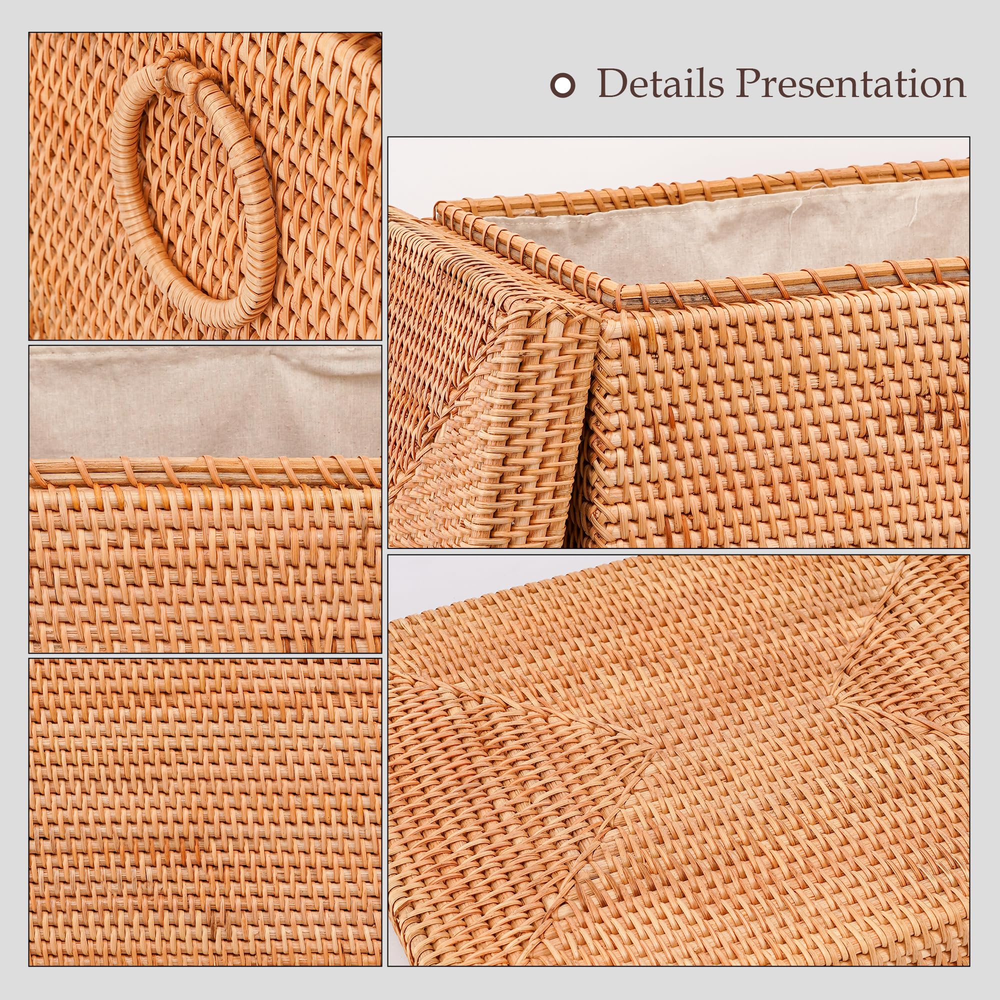 Rattan-Wäschekorb mit Deckel und Beutel, gewebter Stoffkorb mit Griffen, 40 cm L x 30 cm B x 42 cm H