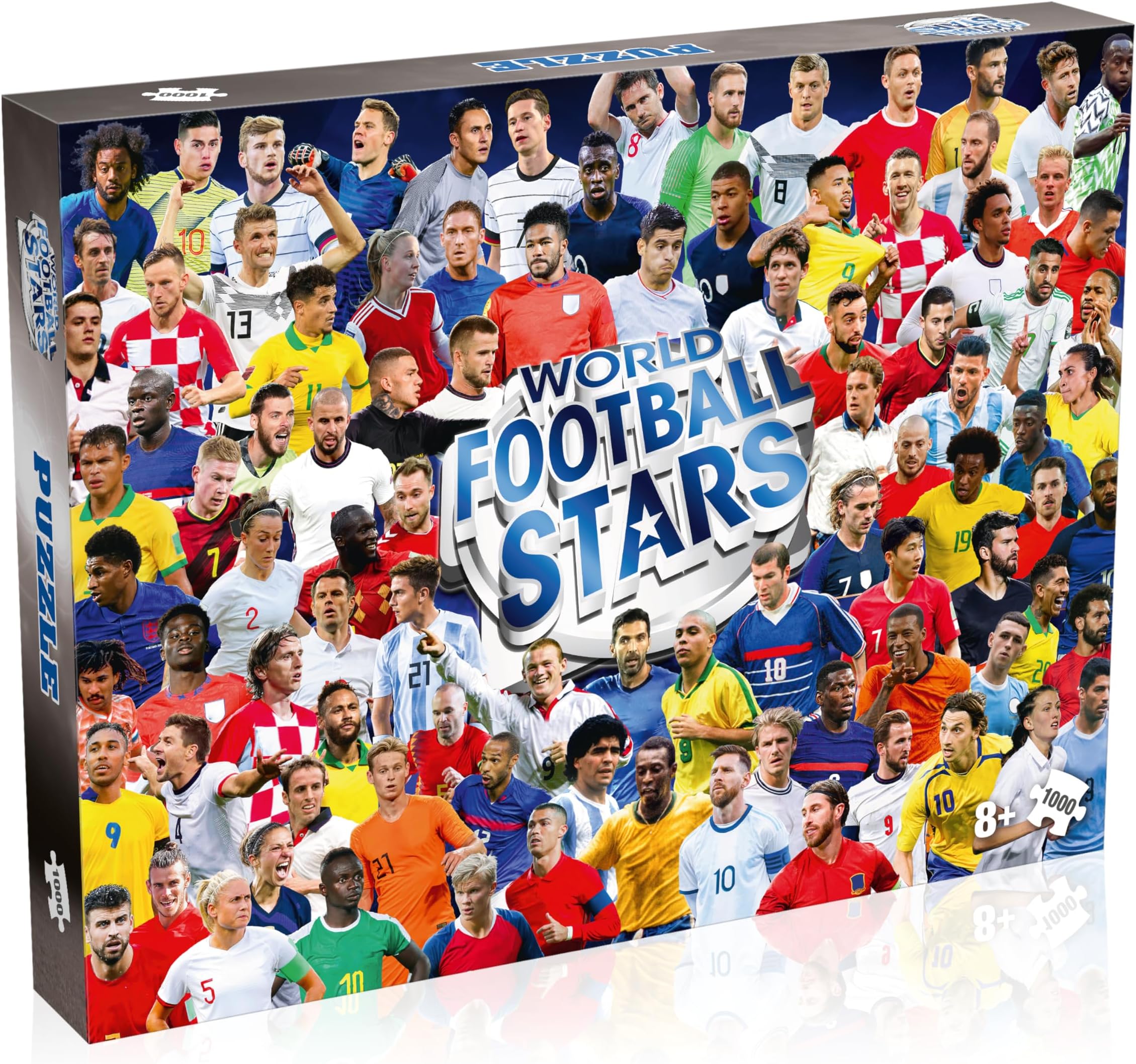 World Football Stars 1000 Piece Jigsaw Puzzle Game, Piece together football players including Harry Kane, Pele, Maradona, Lucy Bronze and Carli Lloyd, For players aged 4 plus
