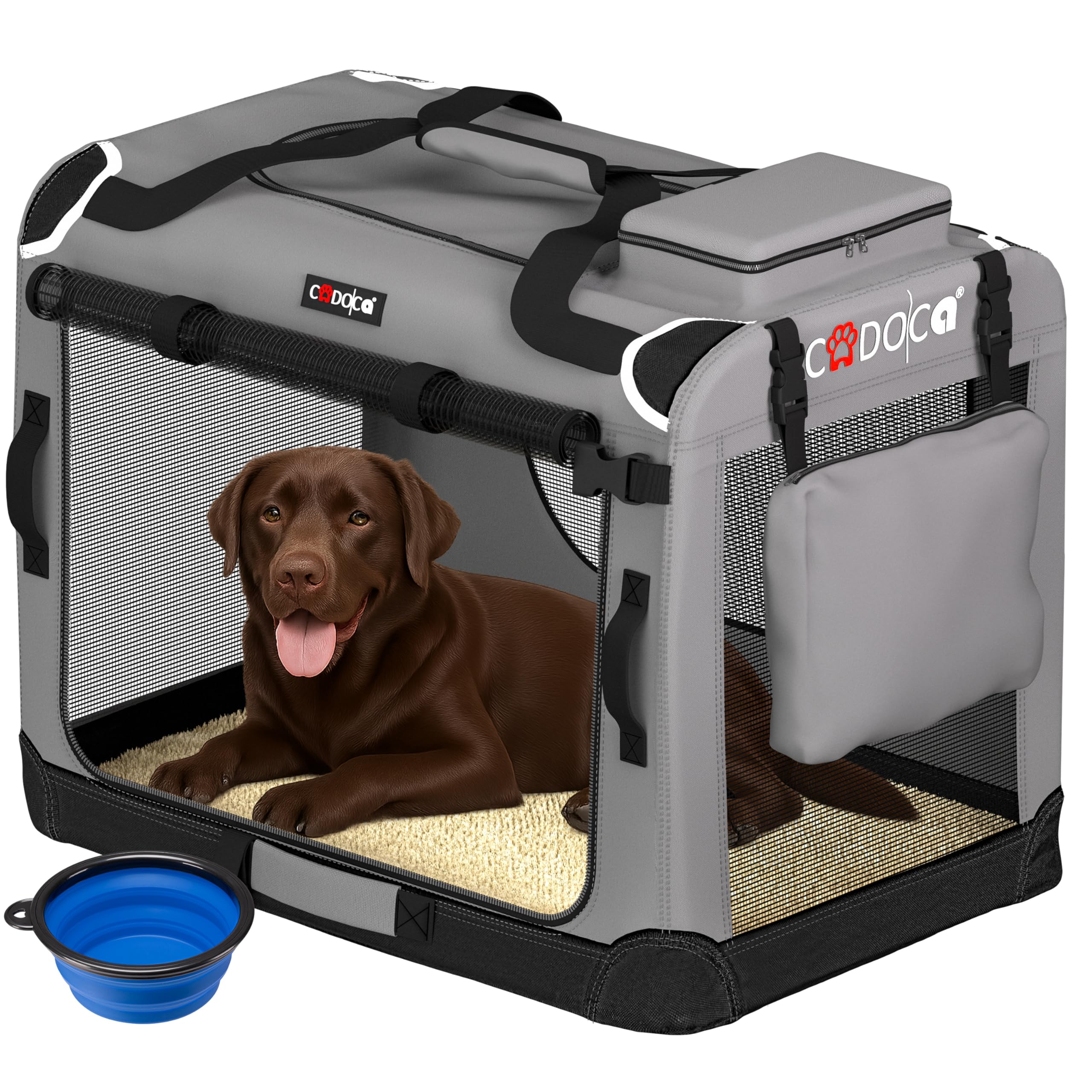 CADOCA® Foldable Dog Crate XXL Large Portable Soft Fabric Pet Carrier for Puppy, Dog, Cat & Kitten Breathable Cat Carrier, Travel Crate for Dog Bed, Car, Home, Vet & Holiday Use Light Grey 90x60x66cm