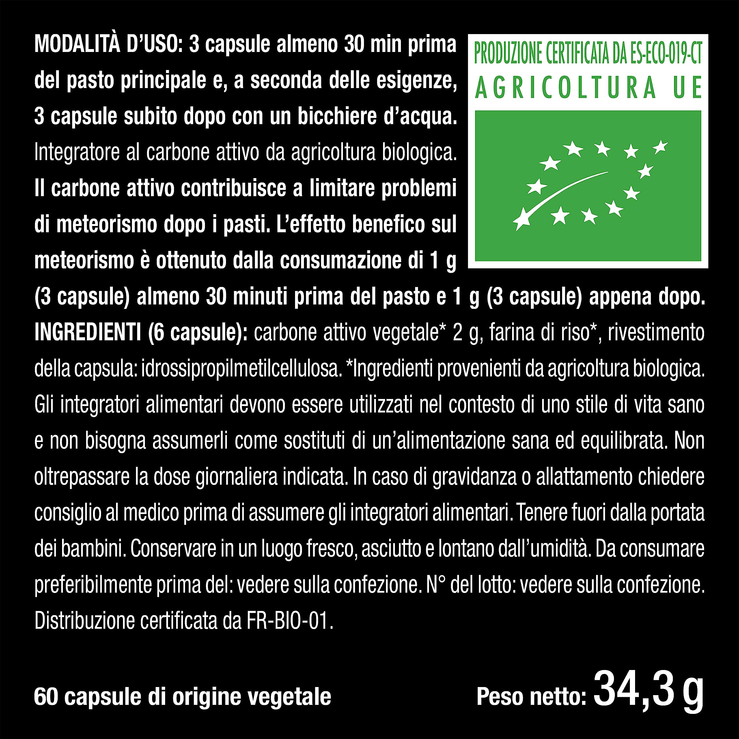 Carbone Attivo Vegetale Biologico I Integratore Contro Gonfiore Addominale, Flatulenza e Meteorismo I Allevia i Disturbi Intestinali I 60 Capsule | Nutrimea