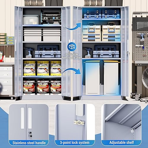 Miniatura 5 de Greenvelly Armario de almacenamiento de metal, gabinete de almacenamiento de acero con cierre de 72 pulgadas de alto con 2 puertas y 4 estantes