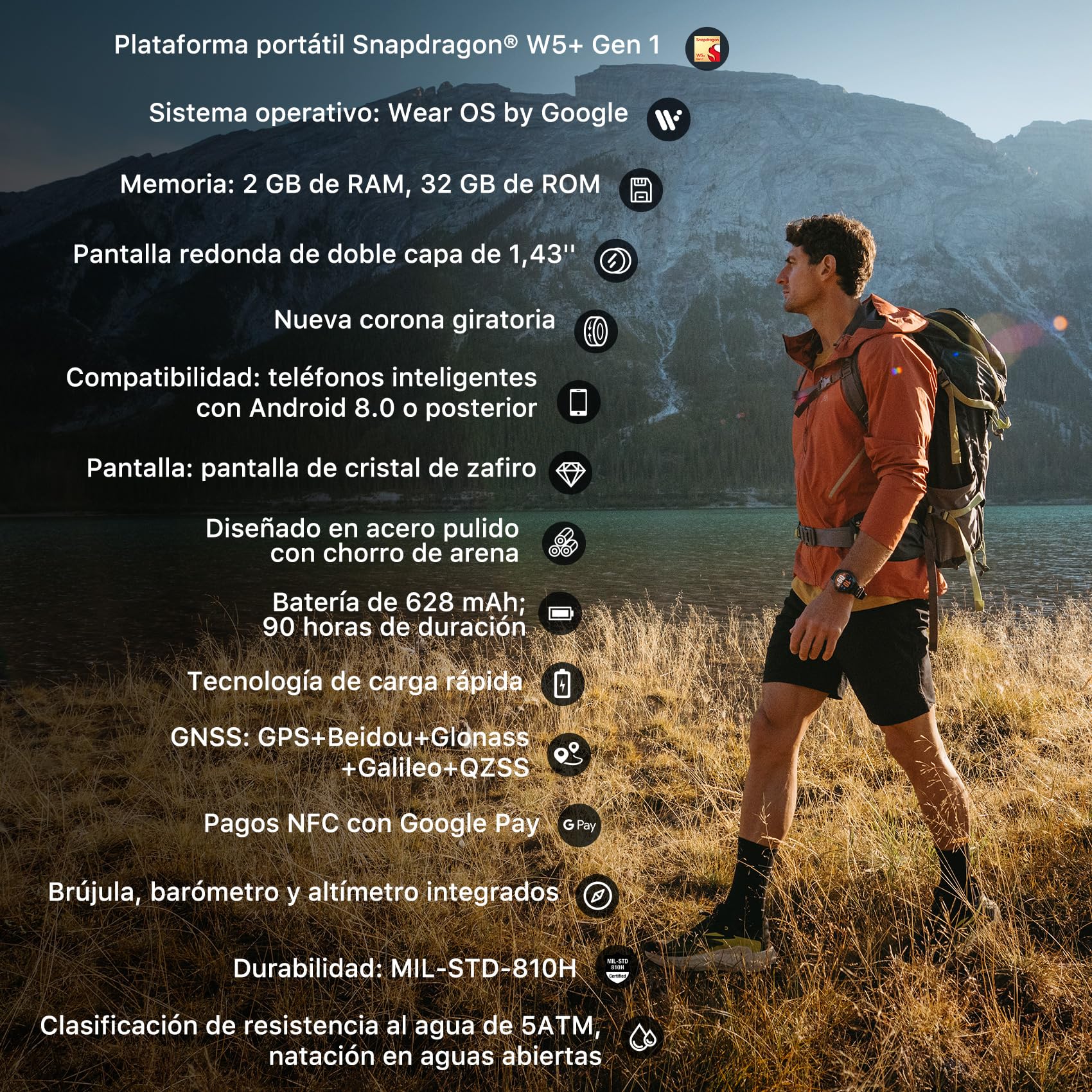 Ticwatch Atlas Smartwatch para Hombres Reloj Inteligente con Sistema operativo Android Wear para Exteriores Batería de 90 Horas Más de 110 Modos de Entrenamiento Mapa de Calor Detección de caídas