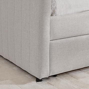 Queen Size Daybed with Two Drawers Trundle Upholstered Sofa Bed, with Vertical Stripes, Linen Fabric, Beige (86.5x65x30), No Spring Needed, Space Saving, Easy Assembly