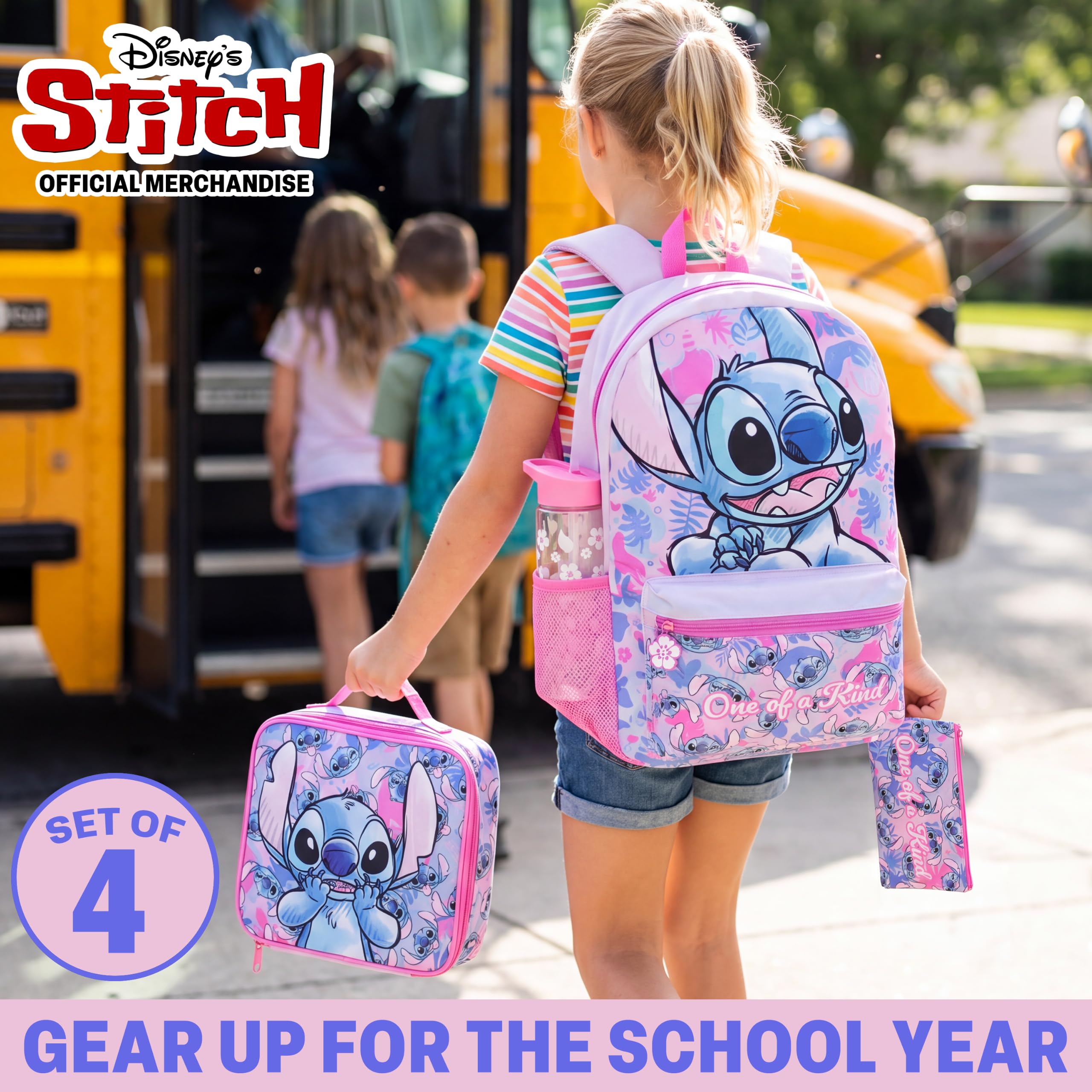 Get Trend Disney Stitch Grande Mochila Escolar Niña Set 4 Piezas, 46 cm Mochila Infantil con Botella Agua 500 ml, Estuche Escolar y Bolsa Termica Porta Alimentos para Colegio (Multi Stitch)