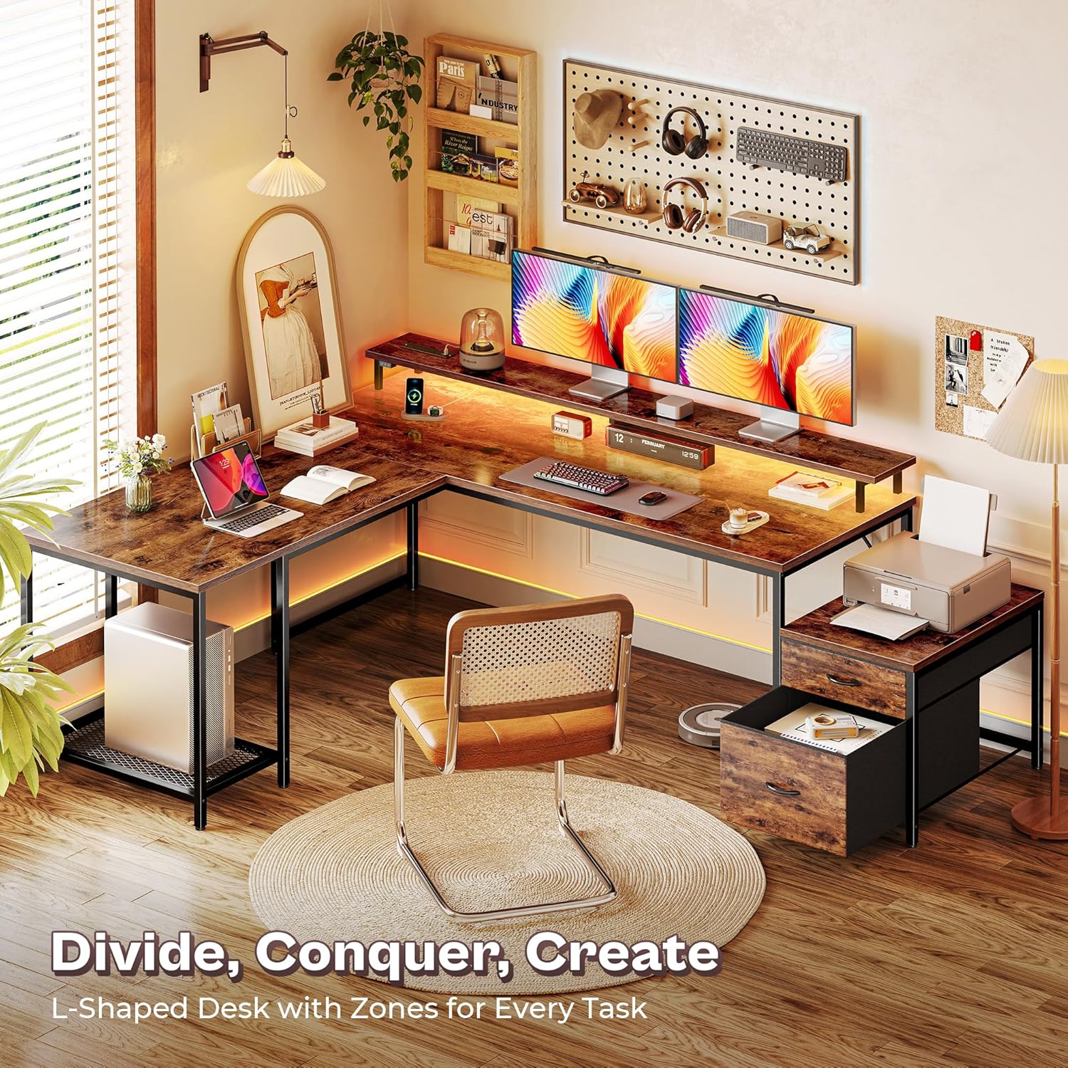 PRAISUN 66" L Shaped Gaming Desk with LED Lights & Power Outlets, Computer Desk with Fabric Drawers and Print Stand, Corner Office Desk, Monitor Stand, Mesh CPU Stand, Rustic Brown