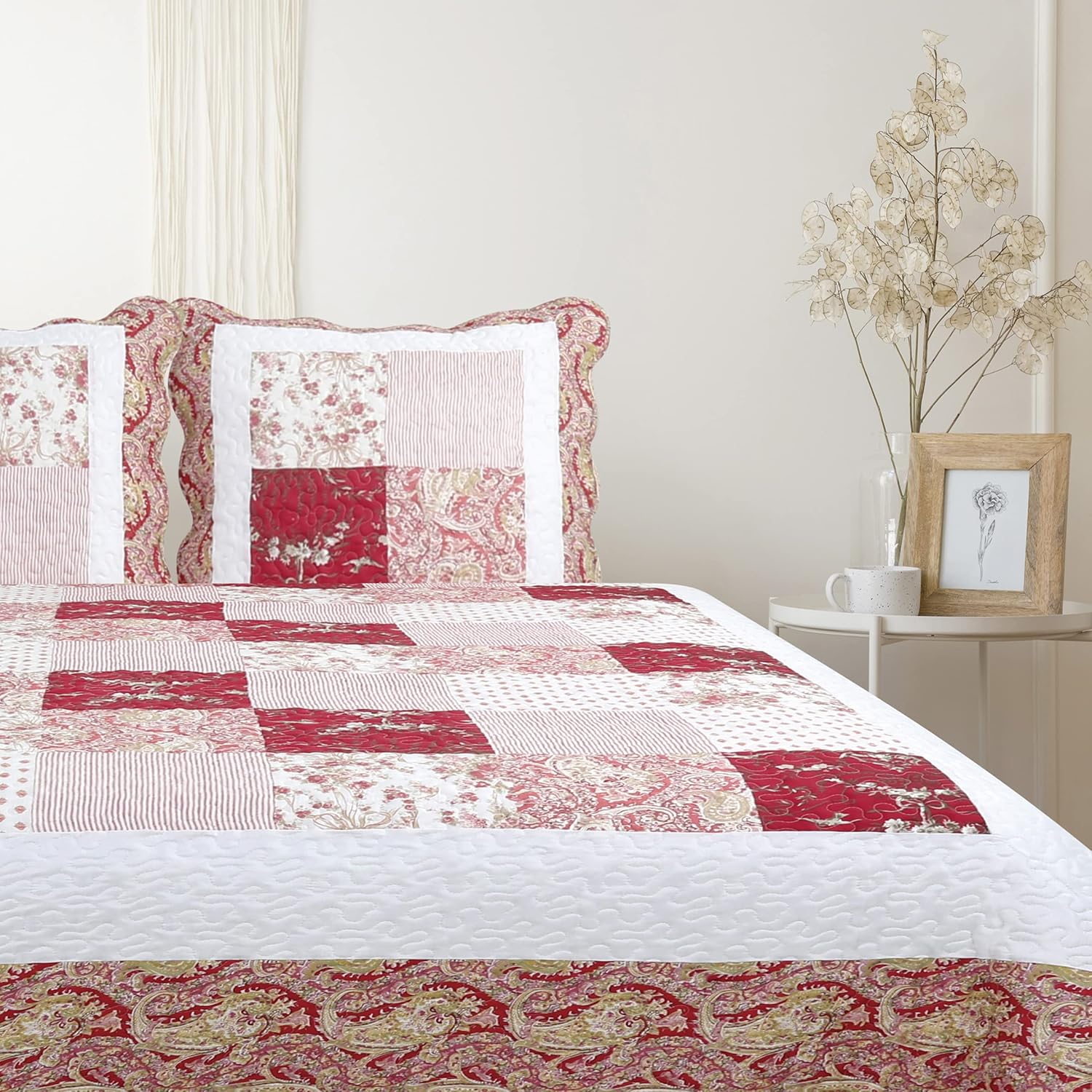 Autrefois Couvre-Lit Boutis Mimosa Parme 230×250 Cm + 2 Taies 65×65 - Matelassé Fleurs 2 Personnes Microfibre Doux