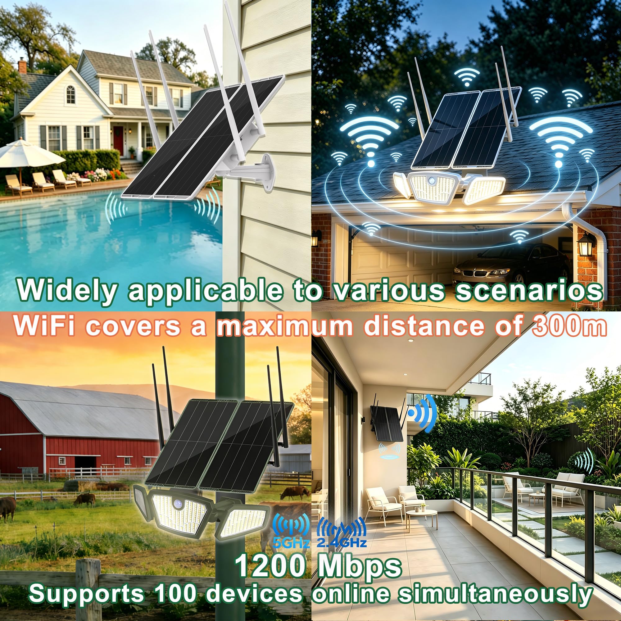 Panel solar de 30 W para exteriores, doble banda, 5.8G/2.4G, repetidor WiFi, luz solar de jardín, cobertura de 300 m, batería de 30000 mAh, IP65, para patio, granja, oficina, uso comercial (verde