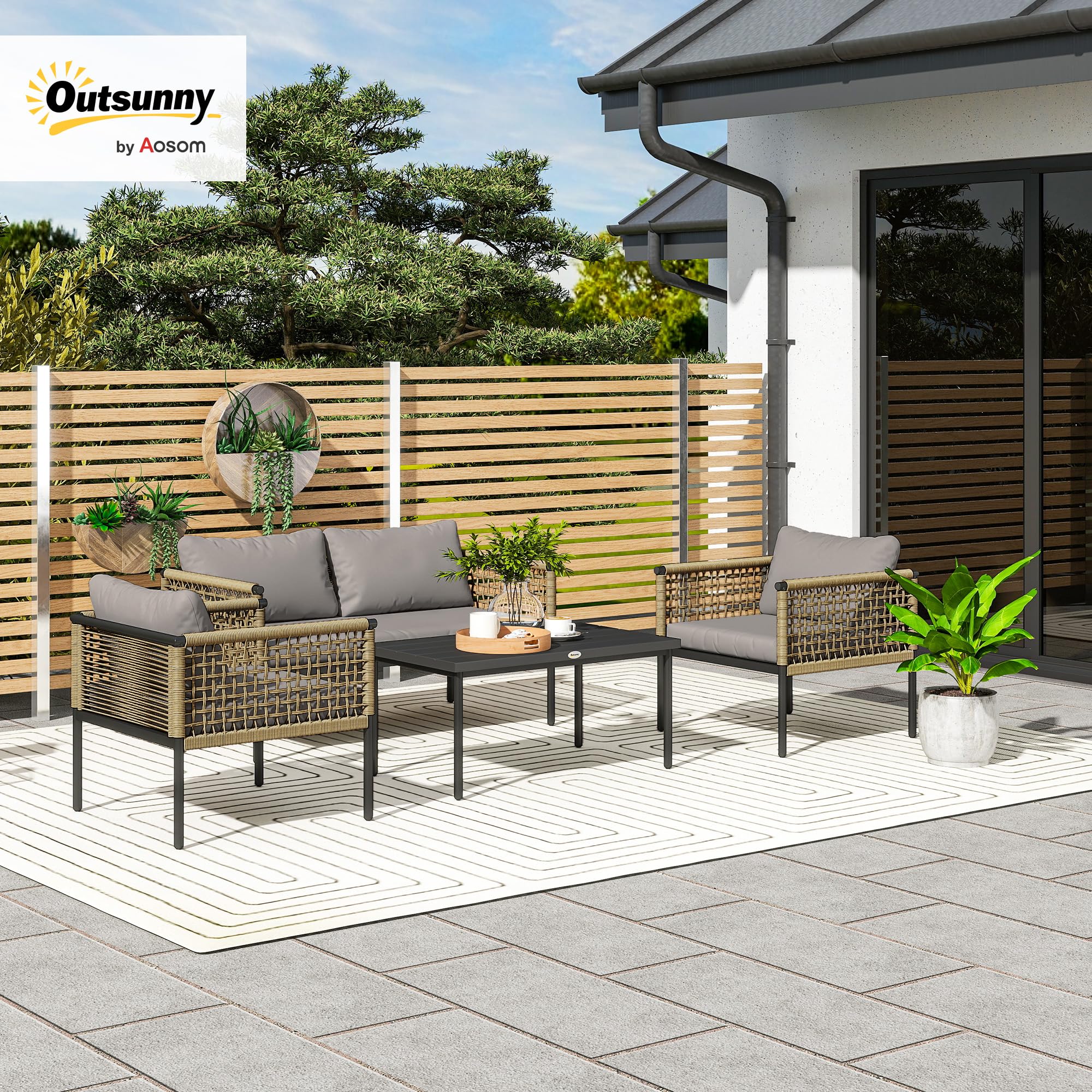 Outsunny Conjunto de Jardín Exterior de Ratán Sintético Natural y Gris | 4 Piezas, Muebles de Jardín Exterior, Incluye 1 Sofá Doble, 2 Sillones, Mesa de Centro con Cojines