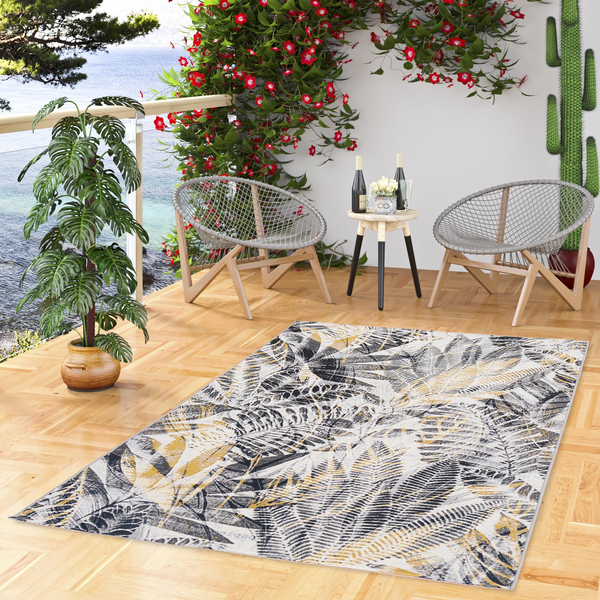 Pergamon Tapis extérieur Malibu Anthracite Moutarde - Tapis Design résistant aux intempéries et aux UV pour intérieur et extérieur, Balcon, terrasse, Jardin, Facile à Entretenir et Robuste