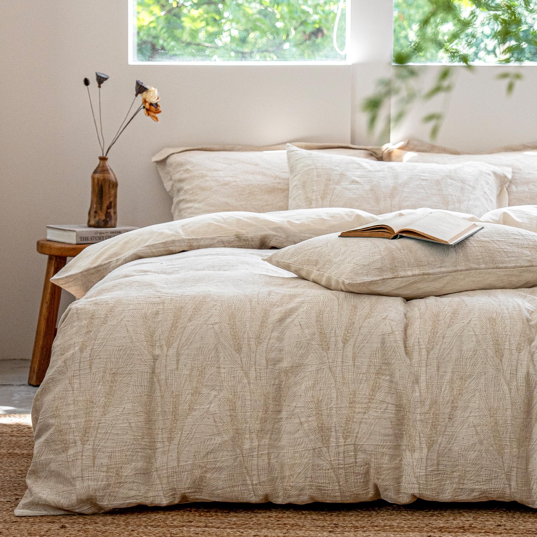 SOULFUL Leinen Bettwäsche 220x240 Baumwolle,Jacquard Boho Textur Bettwäsche-Sets Enthält 1 Bettbezug 220x240 und 2 Kissenbezug 80x80,Öko-Tex 100 Zertifiziert,Wheat