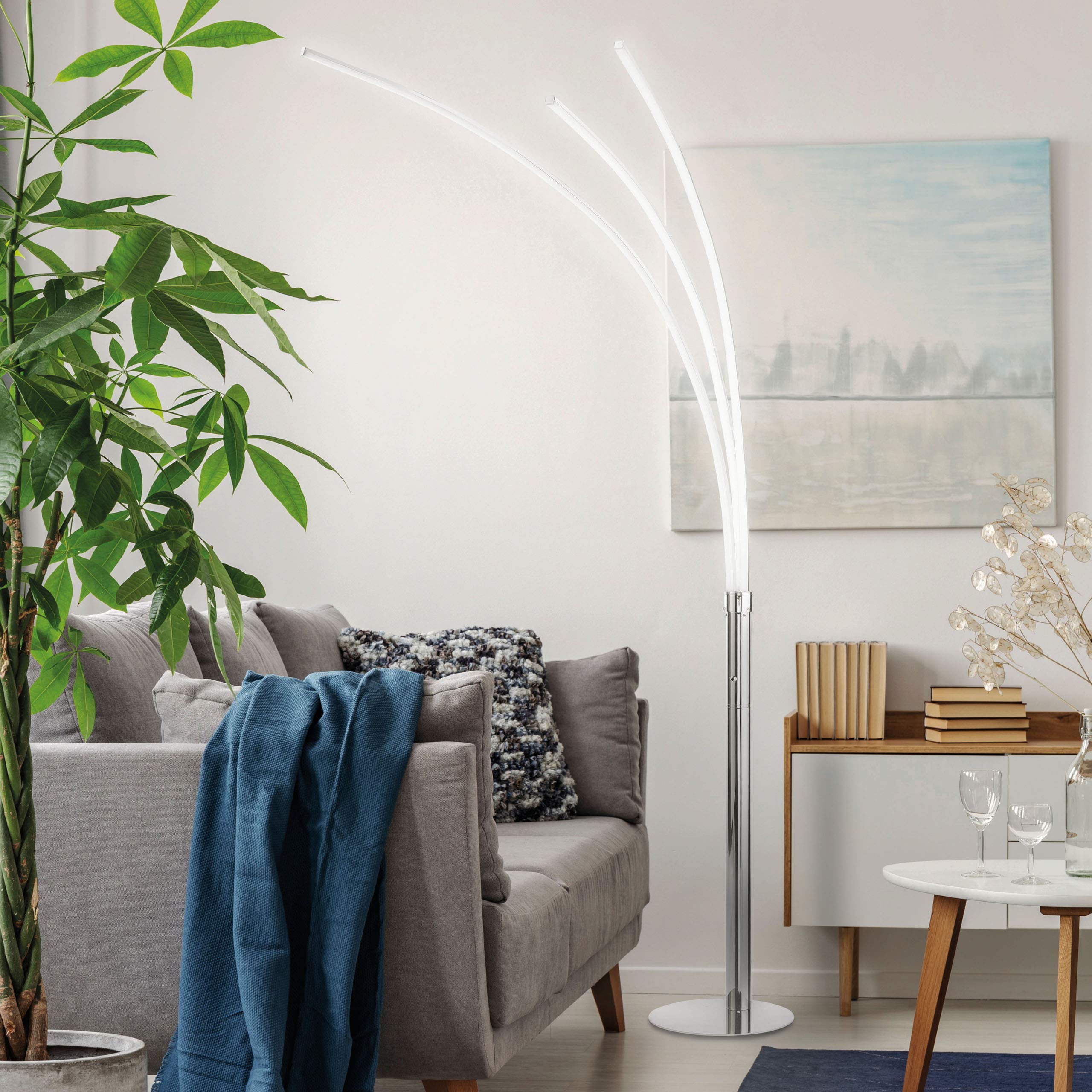 SellTec LED Stehleuchte 3-flammige warmweiß Kippschalter, Leseleuchte Chrom | Kippschalter, Leseleuchte, für Wohnzimmer Schlafzimmer