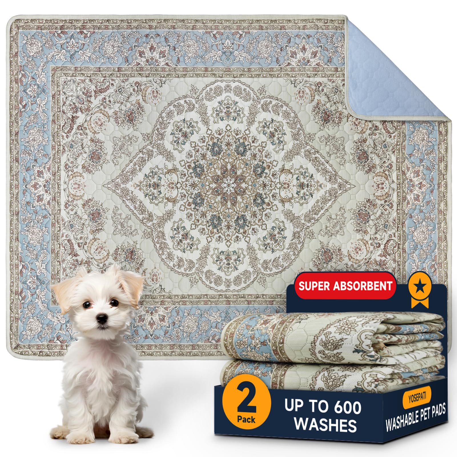 Lot de 2 Tapis hygiéniques lavables pour Chiens, réutilisables, 122 x 92 cm, Super absorbants, imperméables, antidérapants pour Cage, Sol, canapé (Médaillon Gris, 122x92cm (2 pièces))