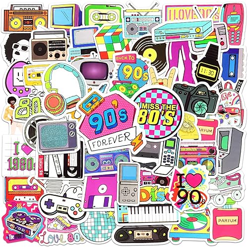 Miniatura 1 de Calcomanías de los años 90 y 80, paquete de 70 calcomanías de vinilo impermeables de los años 90 y 1980 para botella de agua, cumpleaños, laptop,