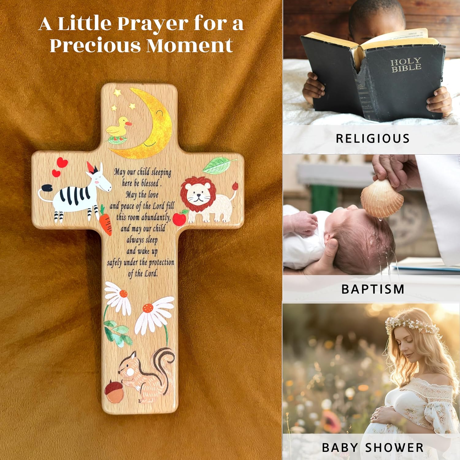 Oraaham Baby Wall Cross-Decorative Wood Cross & angel Child room Wall Hanging for Nursery Perfect Keepsake Baptism, Christening Gift for Boys&Girls