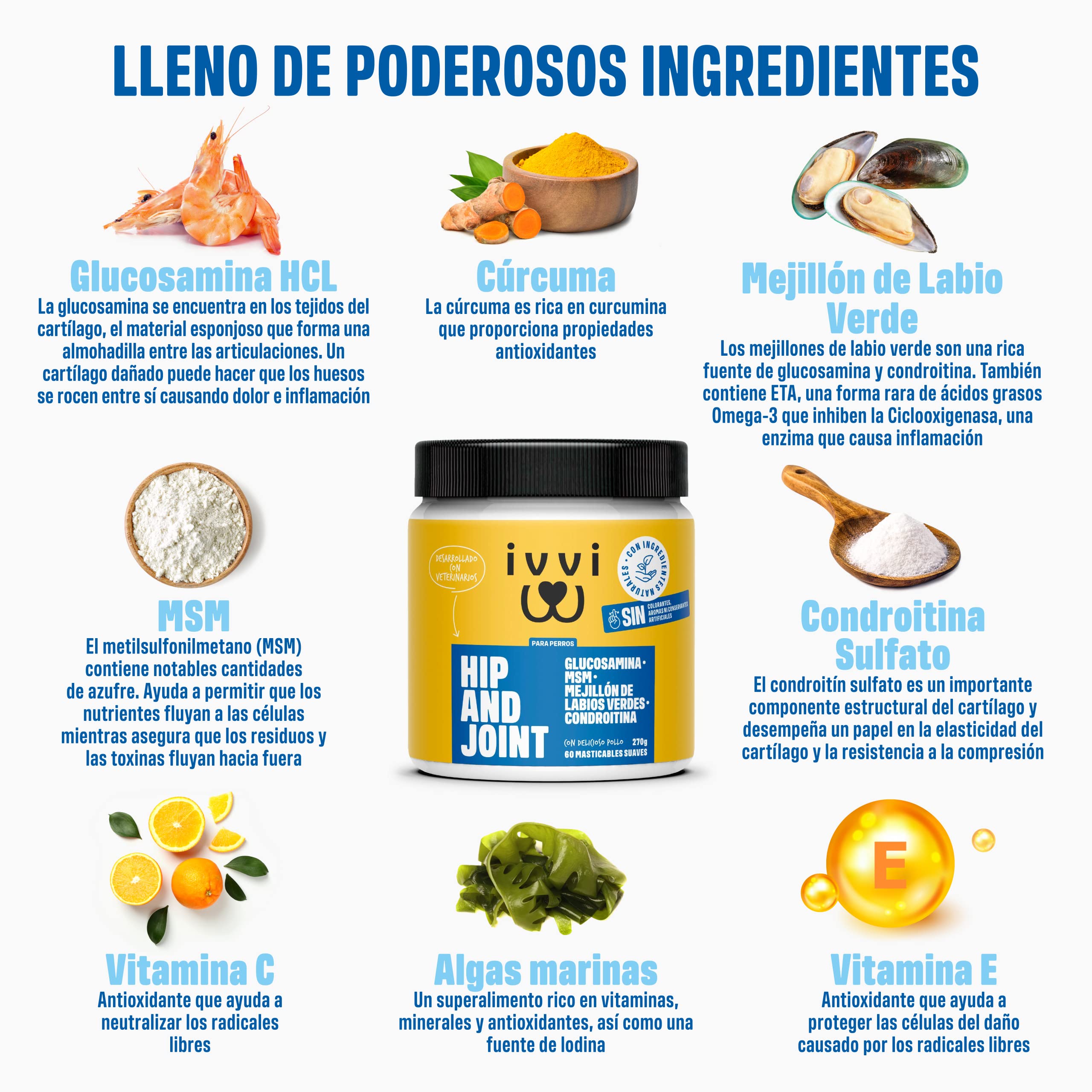 ivvi - Hip and Joint - Articulaciones, Antiartrosis - Complemento Alimenticio para Perros, Altamente Concentrado - MSM, Mejillón de Labio Verde, Glucosamina - 60 Golosinas de Pollo, 270g