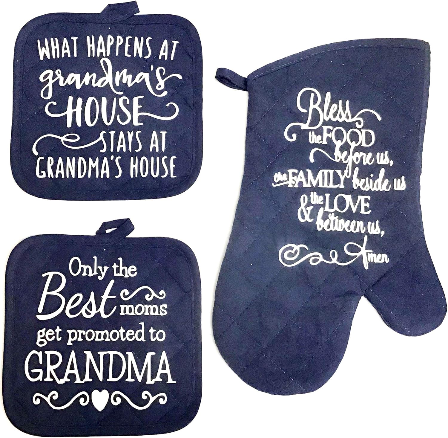 3 - Piece Grandma Gift Set - 2 - Pot Holders - 1 - Oven Mitt - Hot Pads Kitchen Decor - Grandmother - Baking Navy Blue