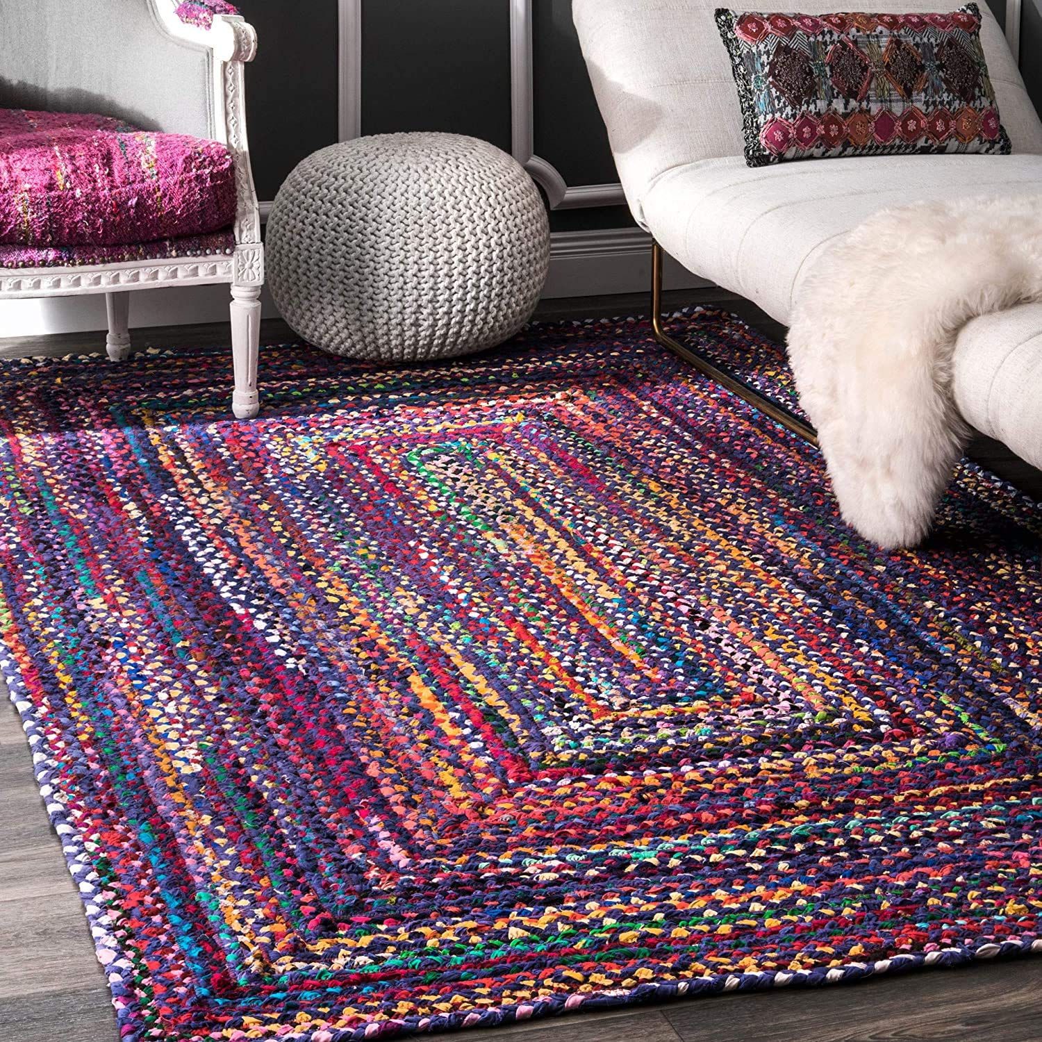 DANGAYACH ART Indian Handmade Braided Blue Shade Multi Cotton Area Rug, Cotton Rug, Living Room, Eco Jute Rug Size- 3 x 8 Feet (90 cm x 240 cm)