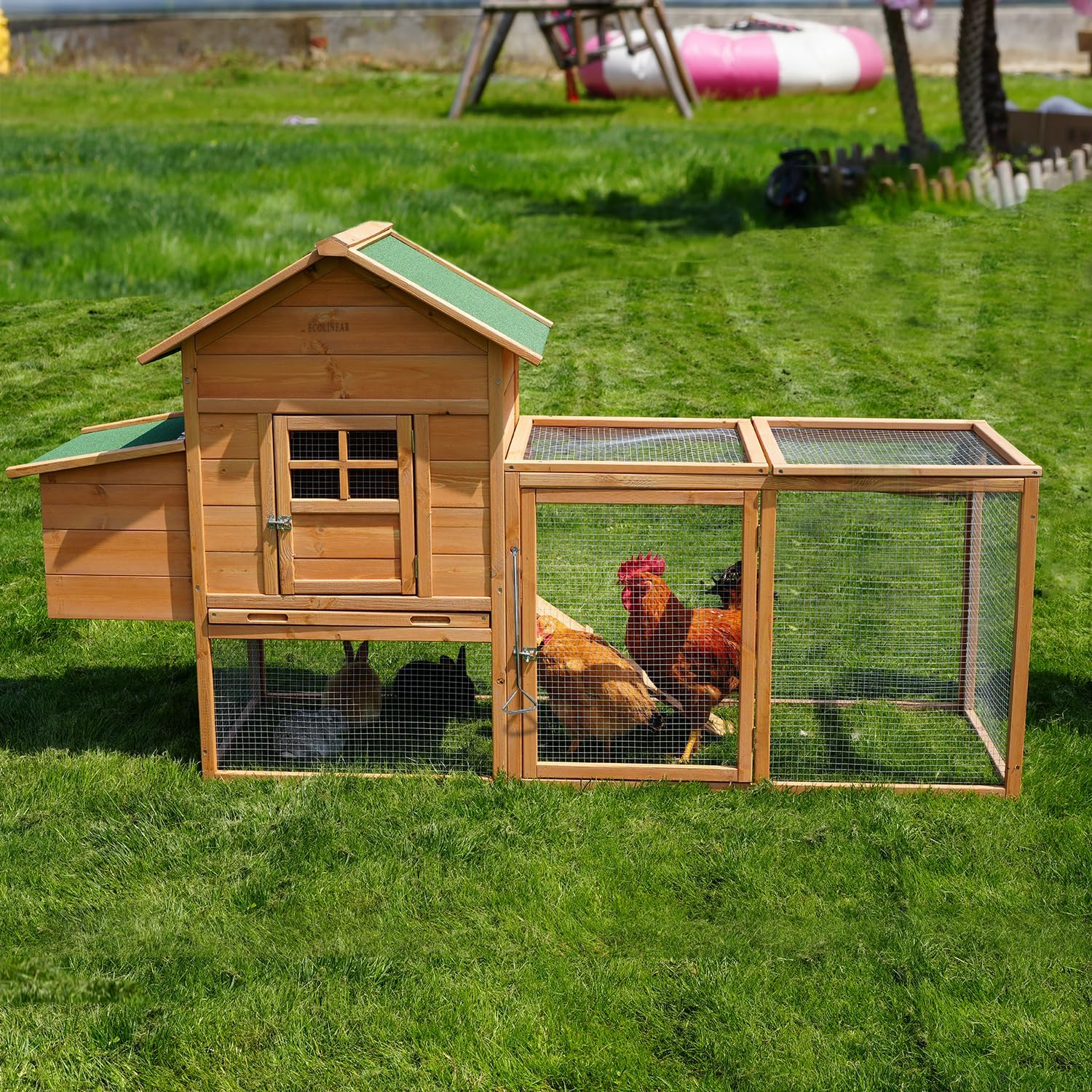 Morngardo Outdoor Chicken Coop for 2-4 Chickens, Wooden Hen House Poultry Cage Rabbit Hutch with Ramp, Nesting Box, Tray, Roosting Bar, 4 Access Areas