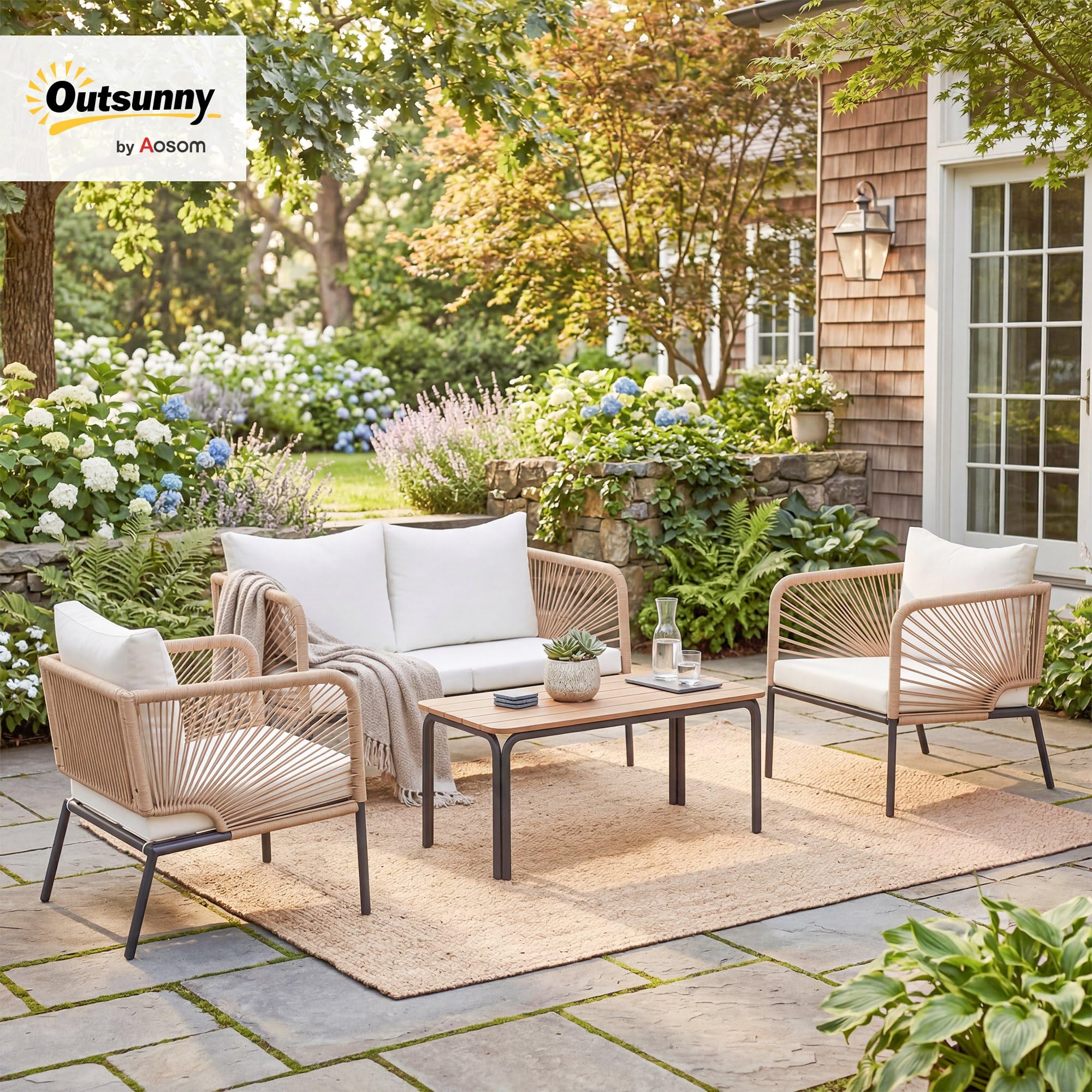 Outsunny Conjunto Jardín Exterior de 4 Piezas con Sofá de 2 Plazas Blanco | 2 Sillones, Mesa de WPC, Ratán PE Tipo Cuerda, Cojines Acolchados, Marco de Metal, para Terraza